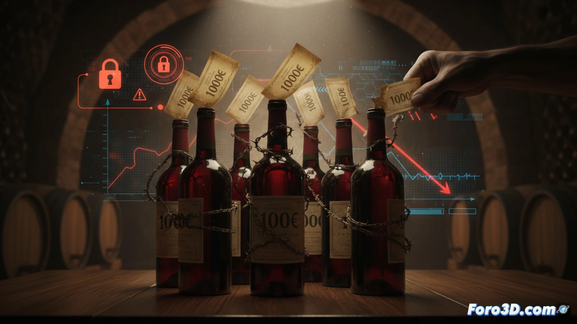 Hombre recibe caja de vino con etiqueta de 100 euros gratis, fondo de pantalla de ordenador con letras legales
