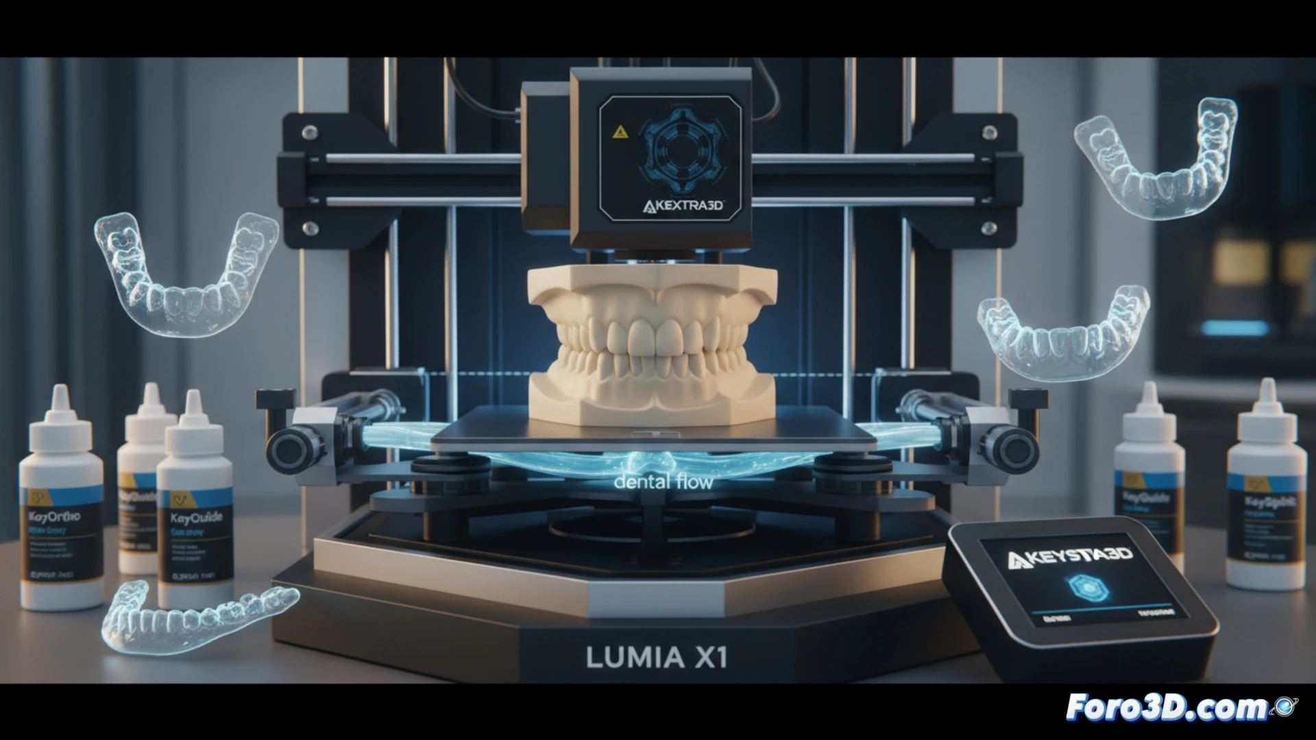 Axtra3D Lumia X1 printer nozzle depositing KeyModel Ultra Ivory resin layer onto dental model build platform, microscopic precision alignment shown with laser crosshairs, dental mold with intricate tooth cavities being formed layer by layer, translucent resin curing under UV light during printing, engineering visualization style, photorealistic technical render, cool blue ambient light contrasting warm ivory material, sharp focus on nozzle tip and fresh resin surface, subtle glow from curing process, industrial lab setting with clean metallic surfaces