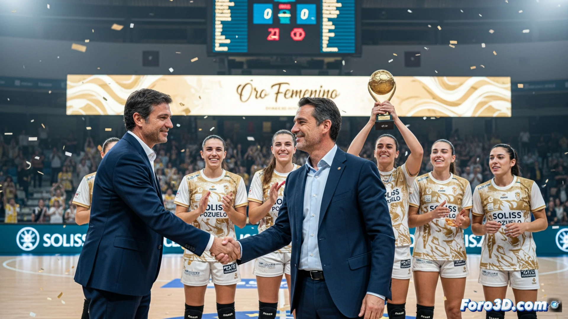 Una jugadora del Soliss Pozuelo lanza a gol en un partido de balonmano, con el logotipo de Valverde al fondo y la leyenda 'Máximas goleadoras de Oro Femenino'.
