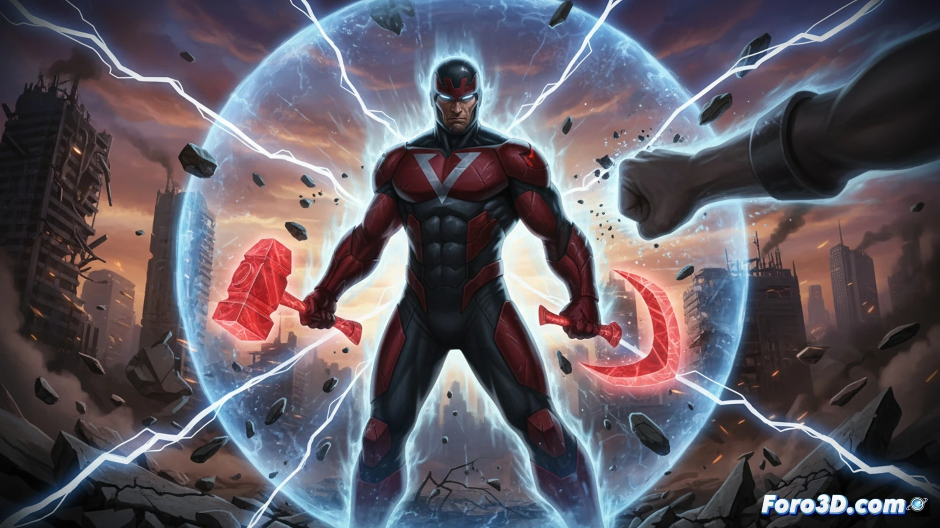 Vanguard, el mutante soviético, se yergue con hoz y martillo, su campo de fuerza desviando un ataque láser, desafiando el sentido común.