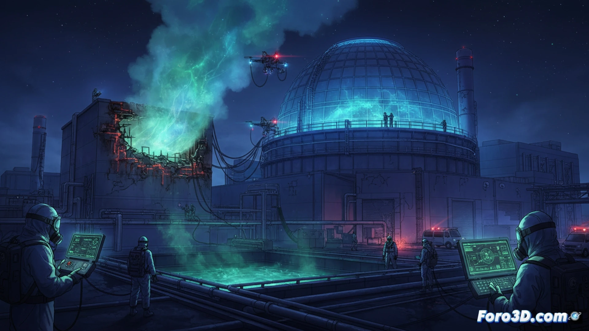 Reactor building exterior at Onagawa nuclear plant, steam plume rising from turbine building vent, technicians in hazmat suits using handheld radiation detectors near water sampling station, digital dosimeter display showing low-level readings, industrial concrete structures with steel piping, morning overcast lighting, condensation on metal surfaces, cinematic photorealistic engineering visualization, safety equipment visible, controlled inspection process underway, ultra-detailed industrial environment