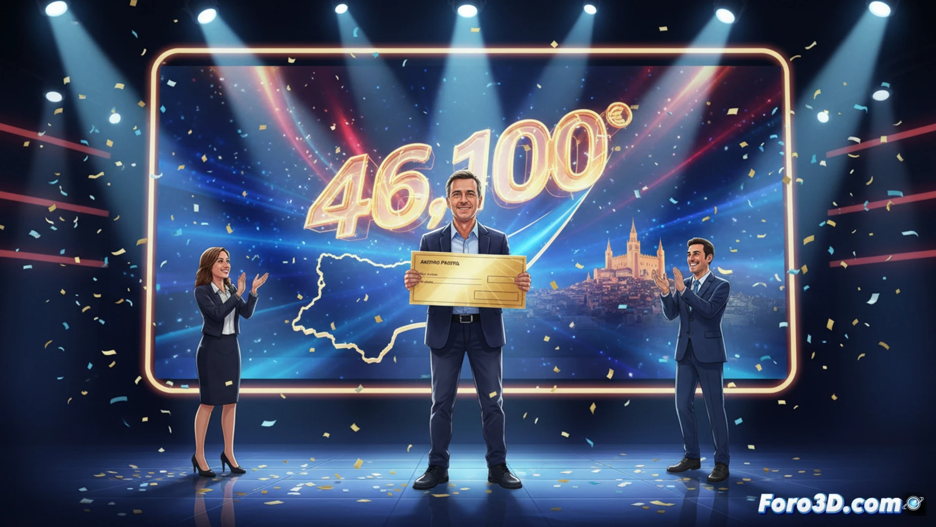 Antonio Puertas señalando una pantalla táctil gigante del concurso, mostrando un contador digital con cifras en aumento durante la ronda final, luces de estudio parpadeando detrás, manos presionando botones de respuesta mientras el reloj de cuenta atrás marca cero, cámara cenital capturando el momento exacto de la victoria, fondo con paneles LED azules y rojos del plató, expresión de sorpresa y celebración, cinematic photorealistic render, movimiento congelado, reflejos brillantes en la superficie del atril, iluminación dramática de televisión, ultra detallado.