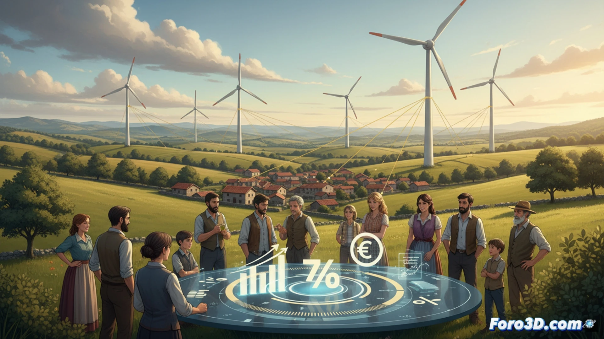 aerogenerador de 40 MW en paisaje alavés, turbina eólica de 80 metros mostrando palas girando bajo cielo nublado, primer plano de un smartphone con app de crowdlending abierta mostrando gráfico de rentabilidad del 7%, mano de un vecino presionando botón de invertir, billetes de 1000 euros sobre un plano técnico de parque eólico, cables de conexión a red eléctrica visibles, ingenieros revisando tablet con datos de potencia, estilo cinematic photorealistic, iluminación dorada de atardecer, textura metálica pulida en torre eólica, detalles realistas de engranajes en nacelle, nubes de tormenta lejanas, profundidad de campo marcada
