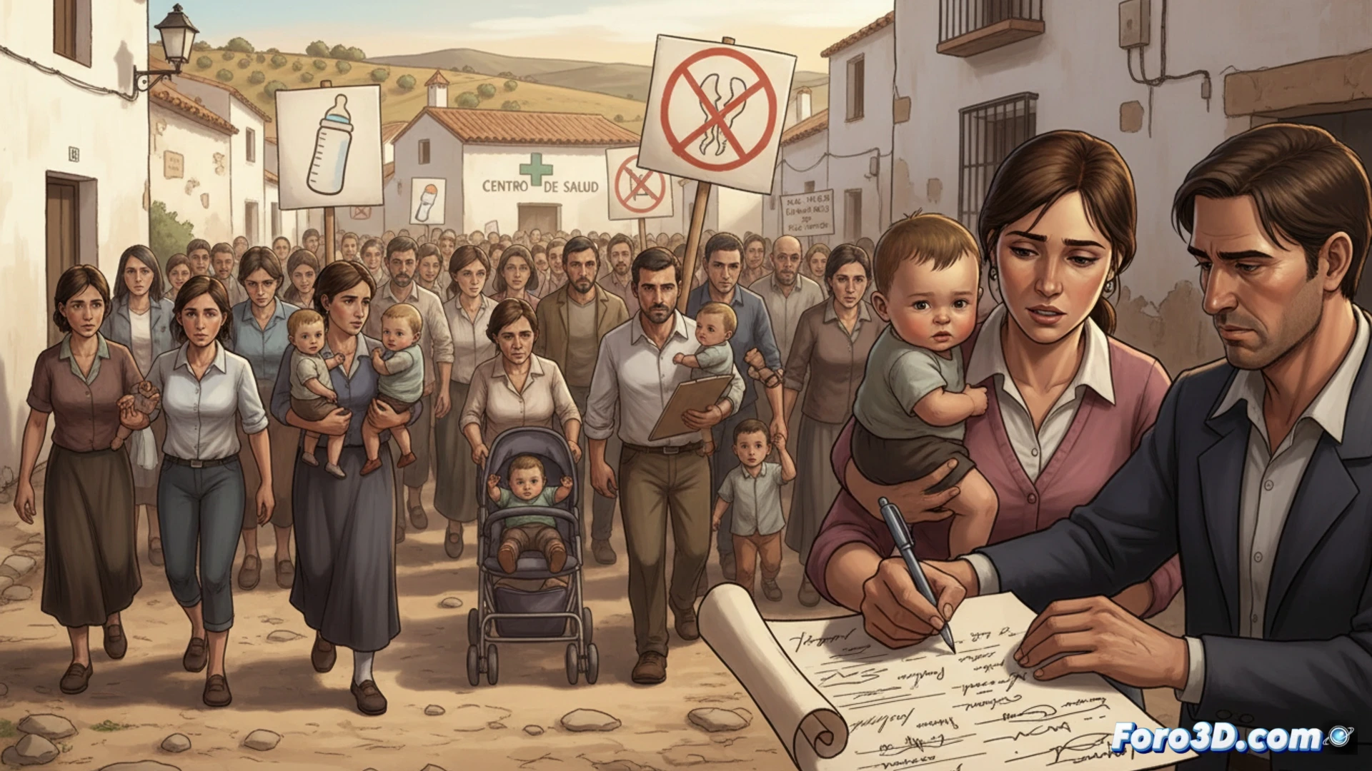 Un grupo de vecinos de La Puebla, con niños en brazos, firma una petición frente al centro de salud vacío.