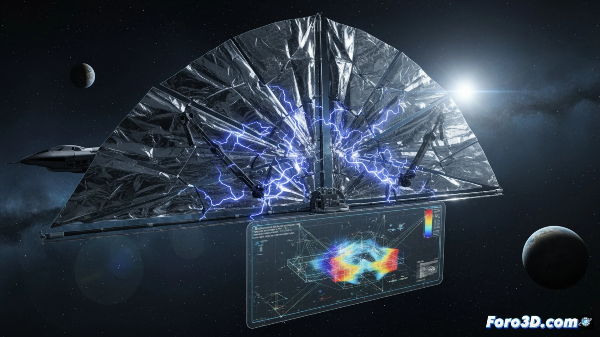 Simulación 3D de vela solar atascada por carga estática en espacio profundo, fallo por fatiga de materiales