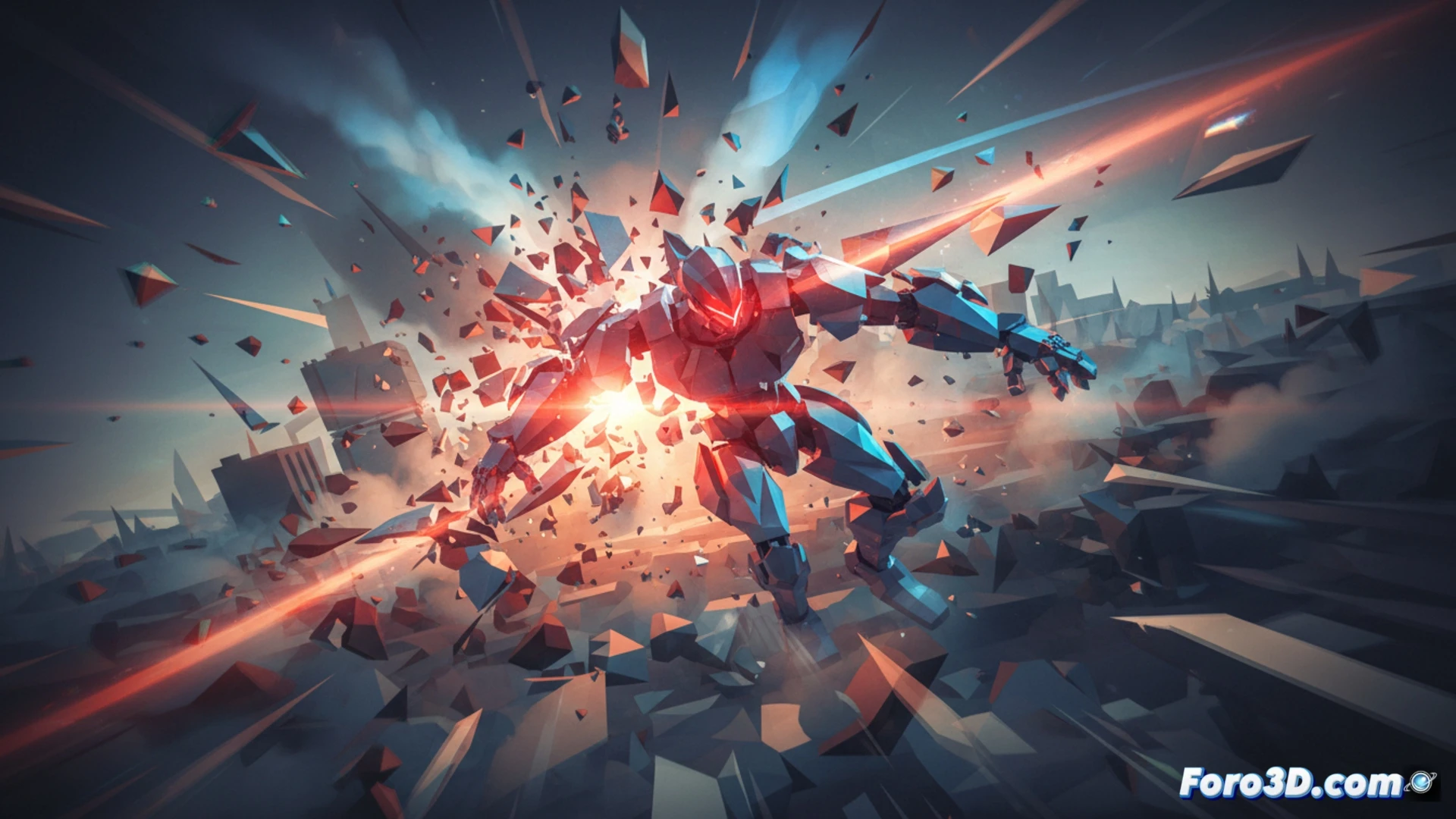 Escena low-poly con motion blur y aberración cromática en Unity, caos mecánico y velocidad