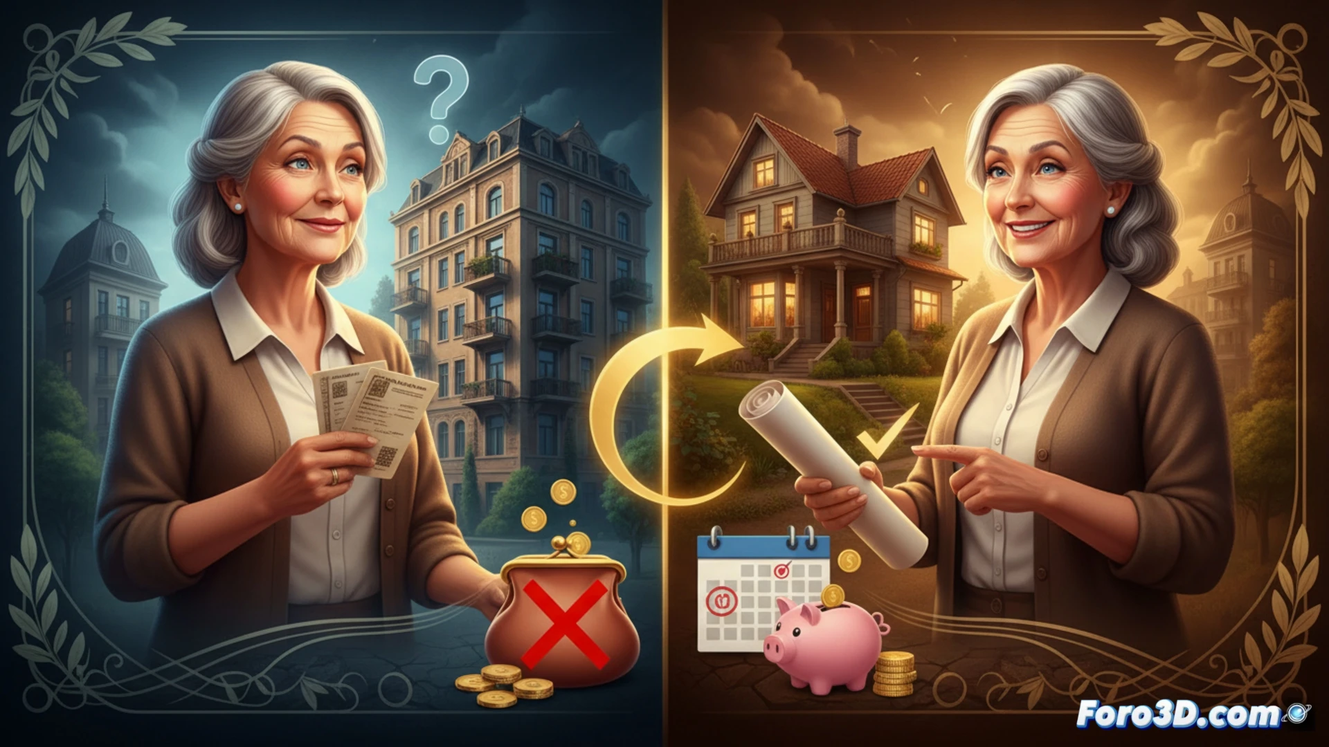Two elderly hands holding a sold sign over a house blueprint, while a calendar shows monthly payment installments, a piggy bank with a house-shaped coin slot sits next to a bank form showing 75 percent SMI limit, photorealistic technical illustration, warm natural lighting from a desk lamp, wooden table surface, financial documents scattered, calculator and pen nearby, dramatic shadows emphasizing the decision moment, cinematic composition, ultra-detailed textures of paper and wood, realistic render style, professional financial advisory scene