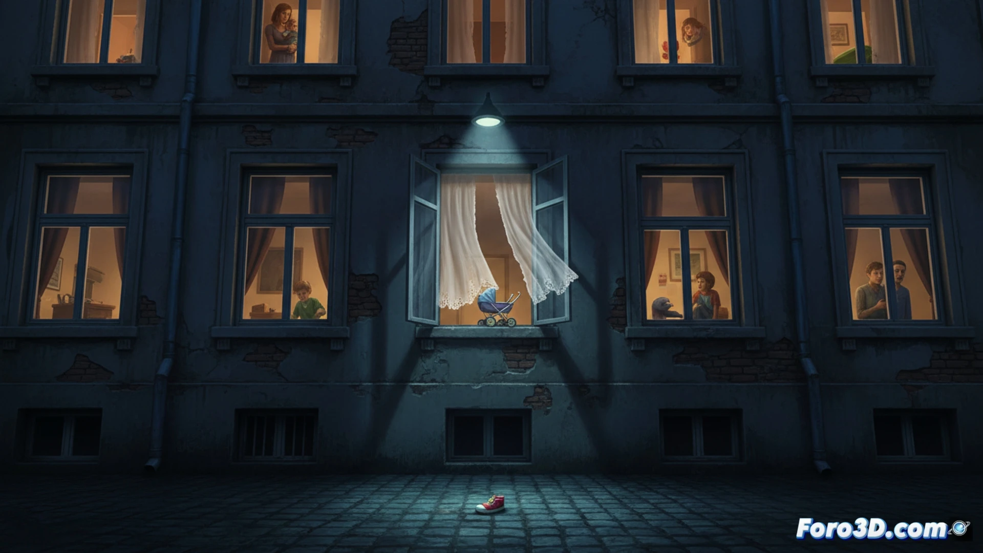 Photorealistic cinematic scene of a child reaching toward an open window in a rental apartment, window edge showing no safety limiter or guard, child leaning forward while parent's hand is frozen mid-reach in background, sunlight casting long shadows across wooden floor, window frame with visible lock mechanism but no restrictor, contrast between bright exterior and dim interior, dramatic tension, shallow depth of field focusing on child's hand near the open gap, technical architectural detail of the window hinge and missing safety component, emotional yet documentary style lighting, ultra-detailed textures of glass reflections and wall paint, photorealistic architectural visualization