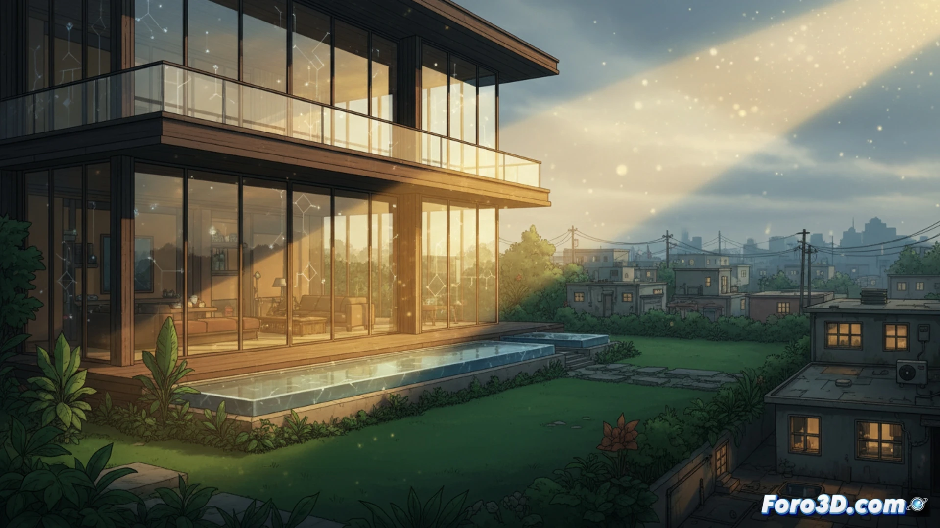 Luxury glass tower with transparent solar windows, sunlight hitting facade while a wealthy figure stands inside viewing energy savings on a sleek tablet, contrast with a distant low-income neighborhood where traditional power lines dominate, engineering blueprint overlay showing invisible photovoltaic cells embedded in glass, construction workers installing high-tech window frames on penthouse, while a humble homeowner outside looks at an unaffordable electricity bill, cinematic photorealistic architectural visualization, dramatic lighting emphasizing inequality, ultra-detailed glass reflections, technical solar panel schematics fading into background, modern cityscape at sunset, realistic textures and shadows
