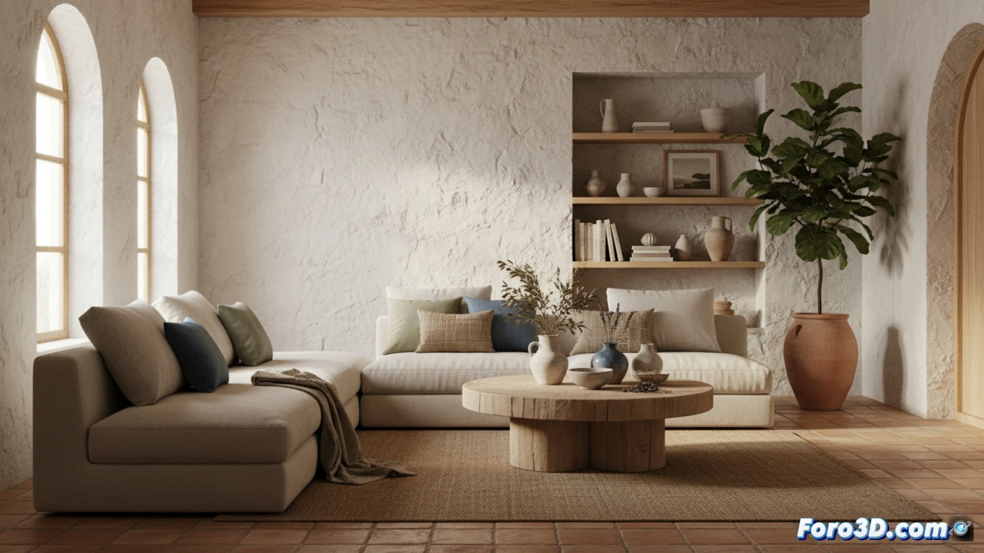 Interior luminoso con papel pintado texturizado imitando piedra, muebles de madera natural y jarrones de cerámica artesanal en tonos terracota, bañados por luz suave.
