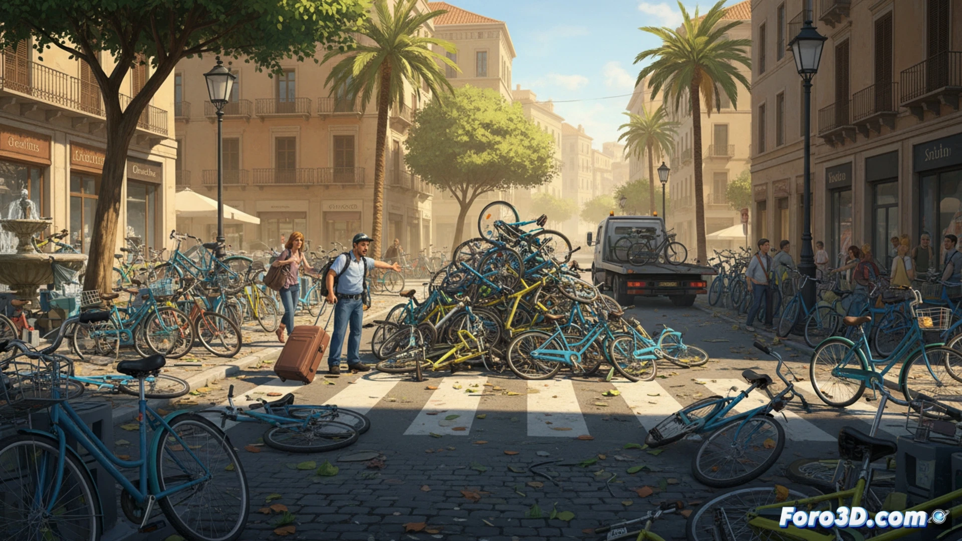 Photorealistic urban chaos scene, summer heat haze over a cluttered city sidewalk, multiple rental bicycles lying haphazardly on asphalt and grass, one bike blocking a crosswalk while another is half-buried in overgrown shrubbery, a pedestrian stepping around a bike with an annoyed expression, a delivery scooter swerving to avoid a fallen bicycle in the bike lane, rental dock station overflowing with tilted bikes, broken kickstands visible, tourist dropping a bike carelessly mid-frame, bright sunlight casting harsh shadows, metallic frames and rubber tires reflecting glare, cinematic documentary style, shallow depth of field, gritty urban texture, no text or numbers visible