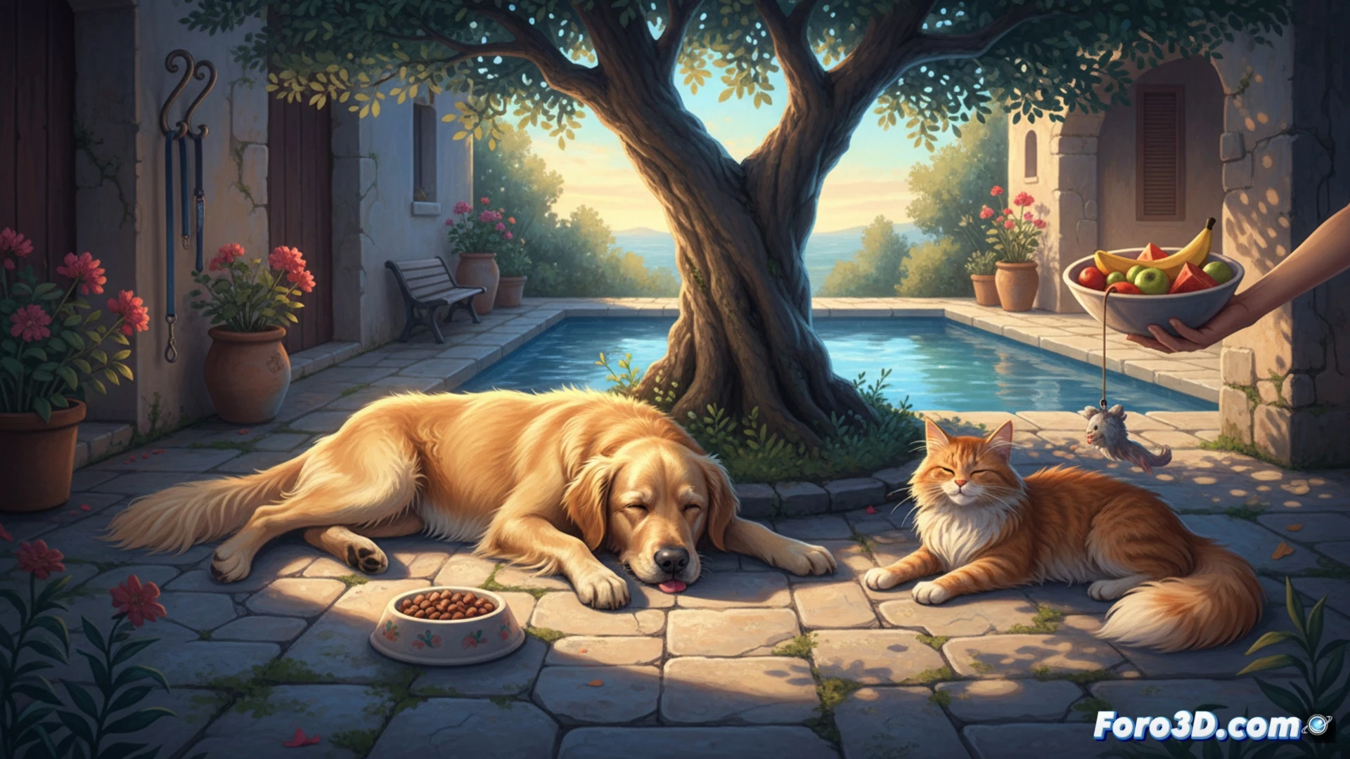 photorealistic scene of a small dog sprawled flat on cool marble tiles, belly pressed against the floor, legs splayed outwards, eyes half-closed in heat-induced lethargy, a red leash and bowl of kibble visible in the foreground ignored, human hand reaching down but failing to lift the animal, afternoon sunlight casting long shadows across the polished stone floor, warm ambient light contrasting with the cool surface, hyper-detailed fur texture, shallow depth of field, cinematic composition emphasizing the animal's total relaxation and resistance