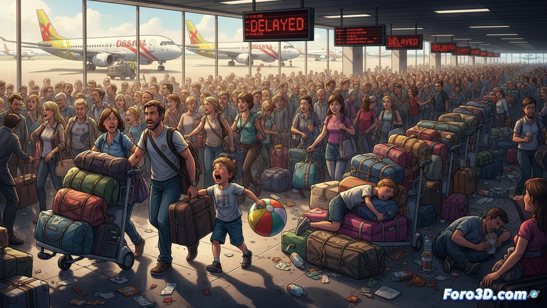 Terminal de aeropuerto abarrotada durante verano, familias con maletas desbordadas corriendo hacia puertas de embarque, niños llorando mientras padres revisan pantallas de vuelo con retrasos, equipaje cayendo de carritos sobrepasados, mostrando tensión colectiva, luces fluorescentes frías, sudor visible en rostros, caos organizado con filas desordenadas, estilo cinematográfico hiperrealista, ángulo gran angular desde el suelo, profundidad de campo amplia, colores saturados cálidos, texturas de polvo y plástico, dramatismo documental, fotografía estilo reportaje