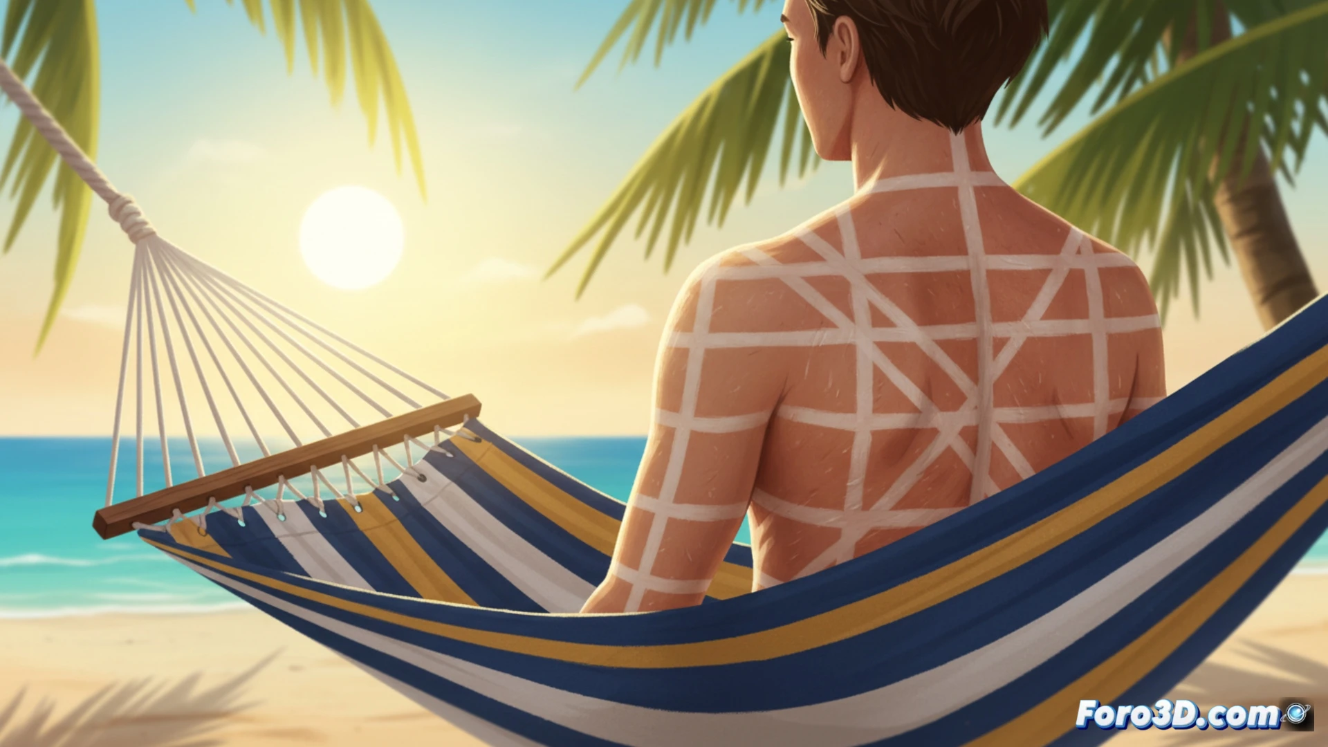Close-up shot of a person lying face down on a striped canvas beach hammock, sunlight casting sharp geometric shadows across bare skin, the woven fabric pressing deep red and white lines into the back, while a digital thermal overlay shows heat retention patterns on the marked skin, photorealistic engineering visualization, macro lens focus on skin texture and fabric weave, dramatic midday sun highlighting the contrast between exposed and shaded areas, medical illustration style with color-coded temperature gradients, ultra-detailed pores and hair follicles, cinematic lighting with harsh shadows, demonstrating the persistent imprint process during a long summer siesta.