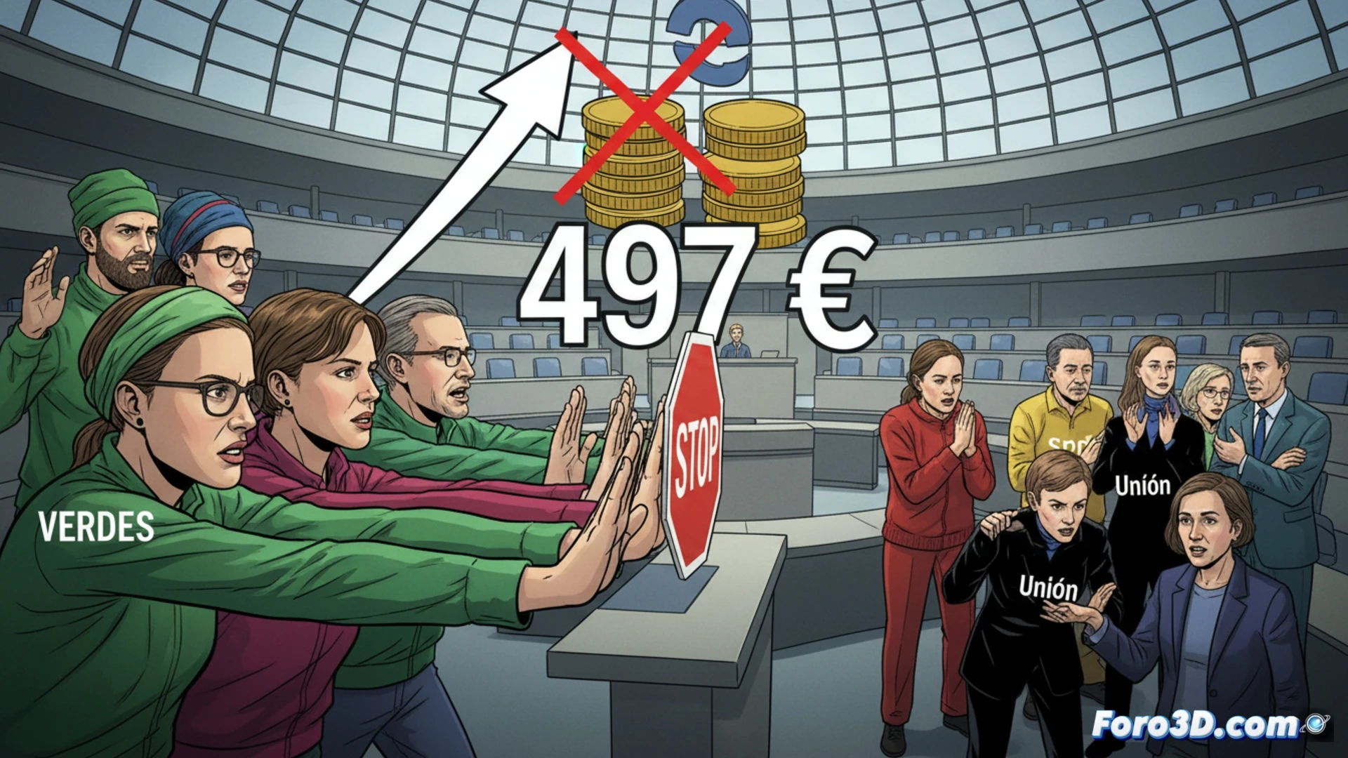 Bundestag plenary chamber interior, three politicians in suits and green party badges standing at a podium, one holding a document with a red stop symbol, a digital budget calculator on a table showing a rising number next to a red downward arrow, SPD and Union faction members in background gesturing in debate, cinematic photorealistic style, dramatic overhead parliamentary lighting, polished wood desks, microphones, subtle motion blur on a hand stopping a coin stack from falling, ultra-detailed textures on legislative papers