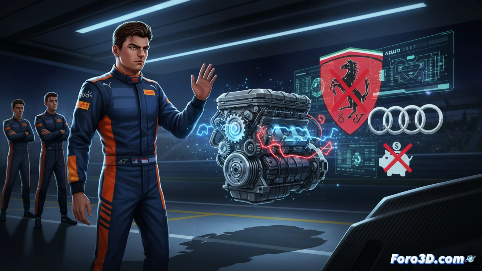 F1 pit lane meeting, Max Verstappen pointing at a cutaway engine block showing combustion chamber, four voting paddles on table with only two raised, red Ferrari and black Audi representatives opposing, Mercedes engineer examining ADUO system wiring, dramatic overhead cinematic lighting, carbon fiber surfaces reflecting, technical illustration style, hyperdetailed mechanical components, tension visible in body language, dark garage atmosphere with neon highlights