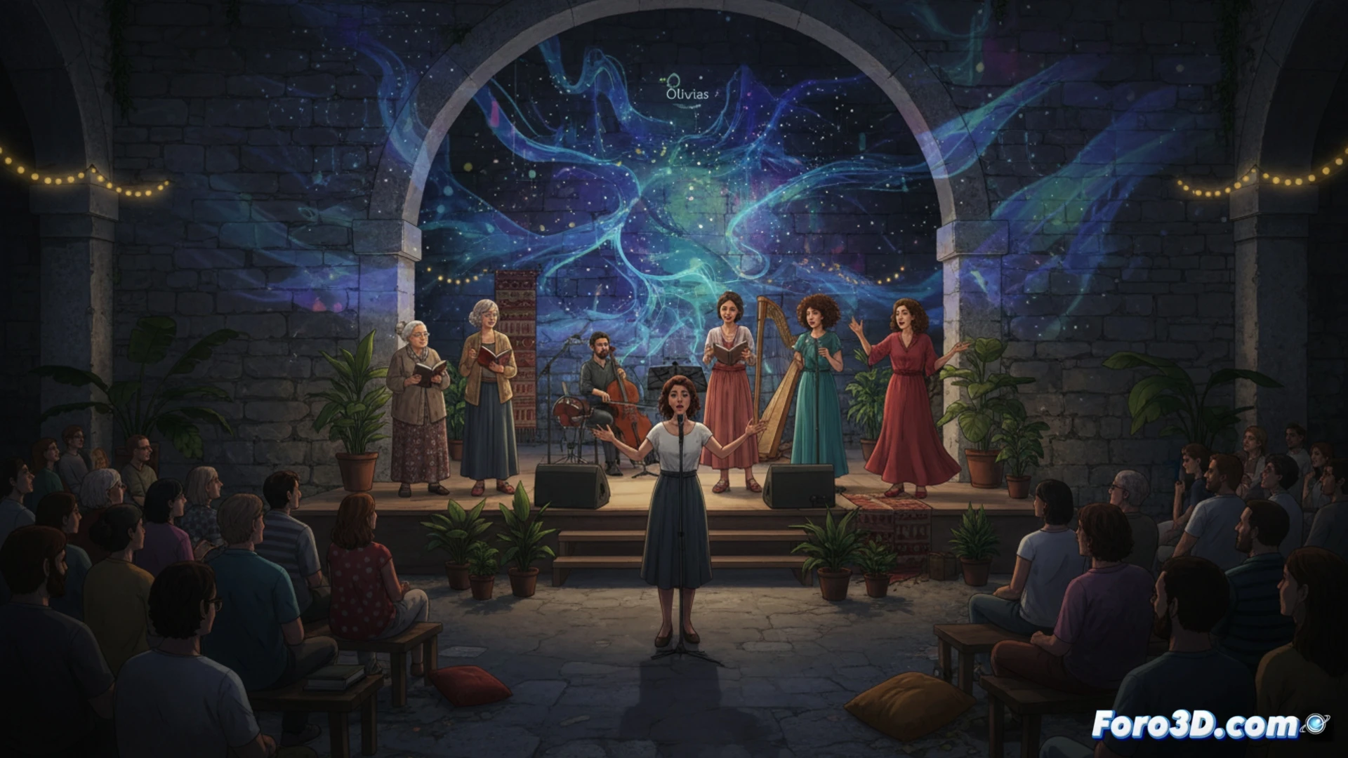 six poets standing in a semi-circle on a stone courtyard stage at dusk, each holding a microphone and reading from a book, multilingual recital in progress, warm lantern light illuminating faces, a digital audio mixer and monitor speakers visible on a side table, duo of musicians playing acoustic guitar and cello in background, visual projection of abstract geometric patterns on a white wall behind the poets, cinematic photorealistic style, shallow depth of field, dramatic chiaroscuro lighting, cobblestone floor texture, technical stage equipment visible, evening atmosphere with deep blue sky fading to orange
