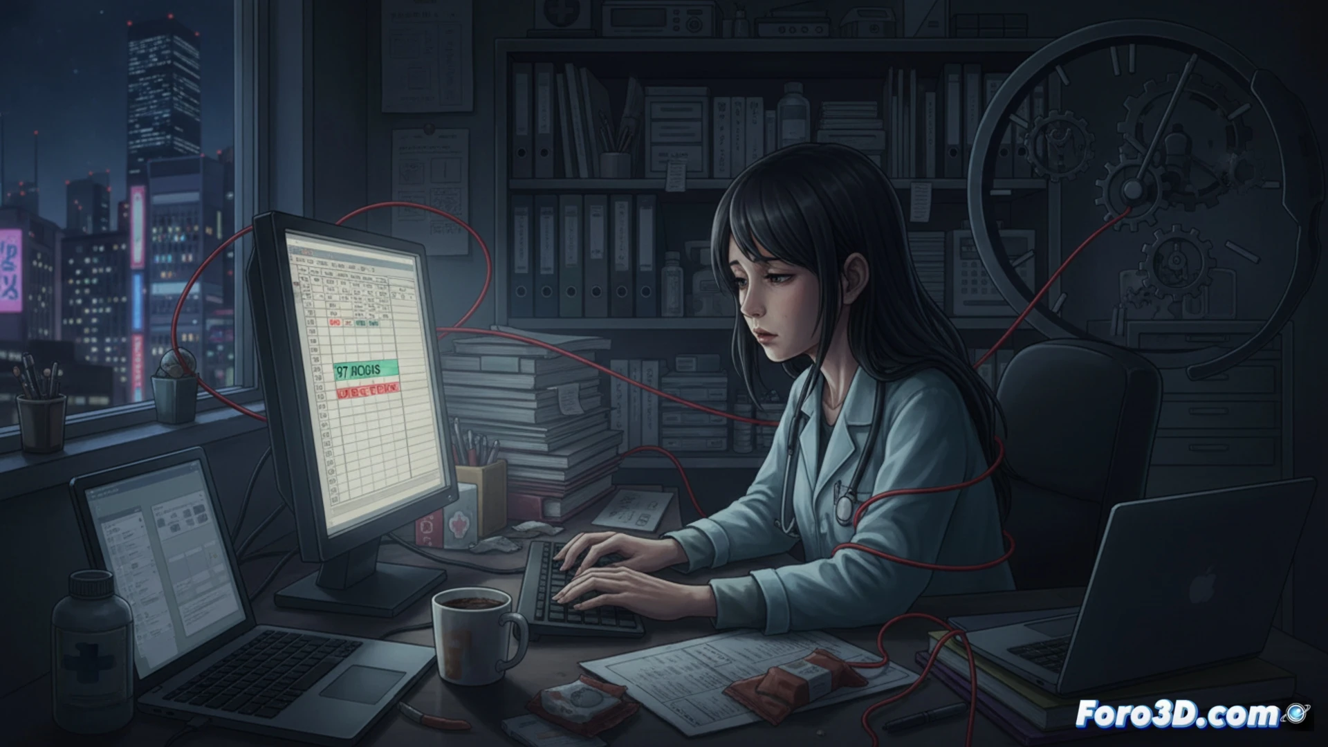 Veterinaria japonesa exhausta frente a computadora, con reloj marcando 97 horas extra, reflejando karoshi por exceso laboral.