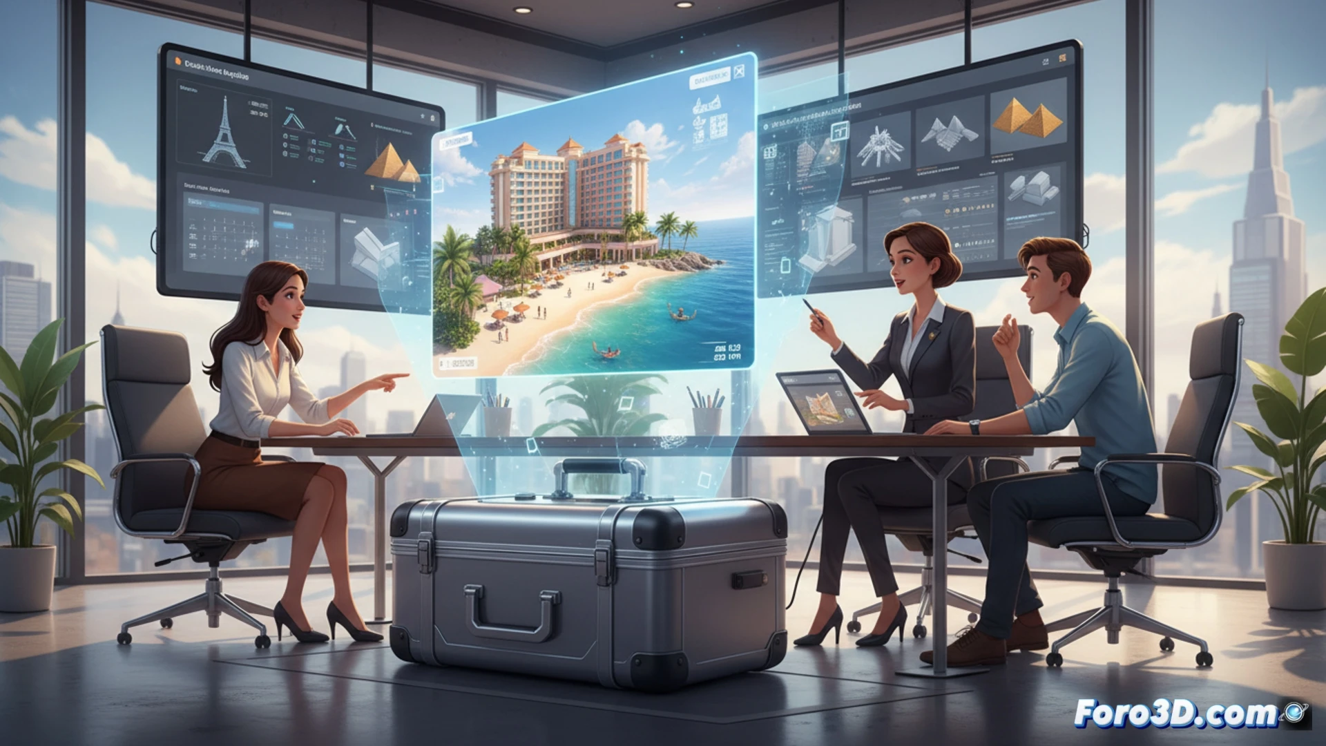 Una agente turística sonríe frente a una pantalla táctil mostrando un modelo 3D de un resort; a su lado, un cliente observa con asombro la piscina virtual y los pasillos renderizados.