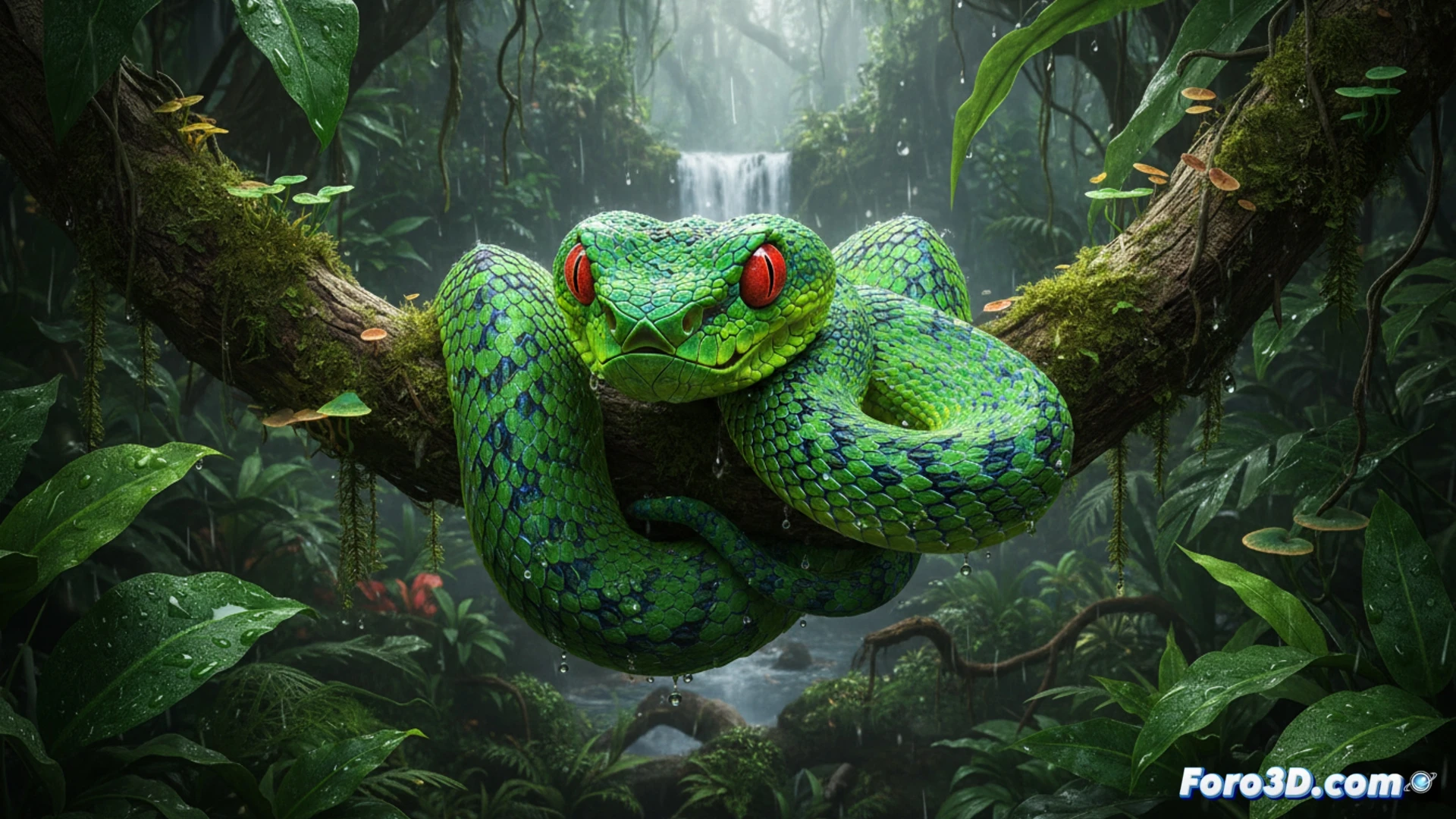 Modelado 3D de la Víbora de Foseta de Guo, serpiente verde neón con ojos rojos en selva tropical