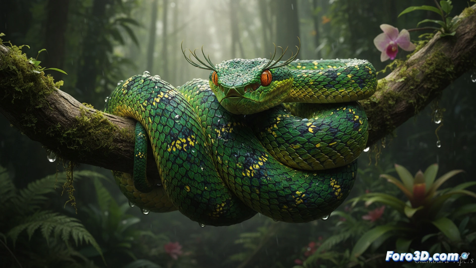 Víbora de Pestañas Glamurosa, Trimeresurus ciliaris, modelo 3D fotorrealista con escamas supraoculares y coloración verde turquesa