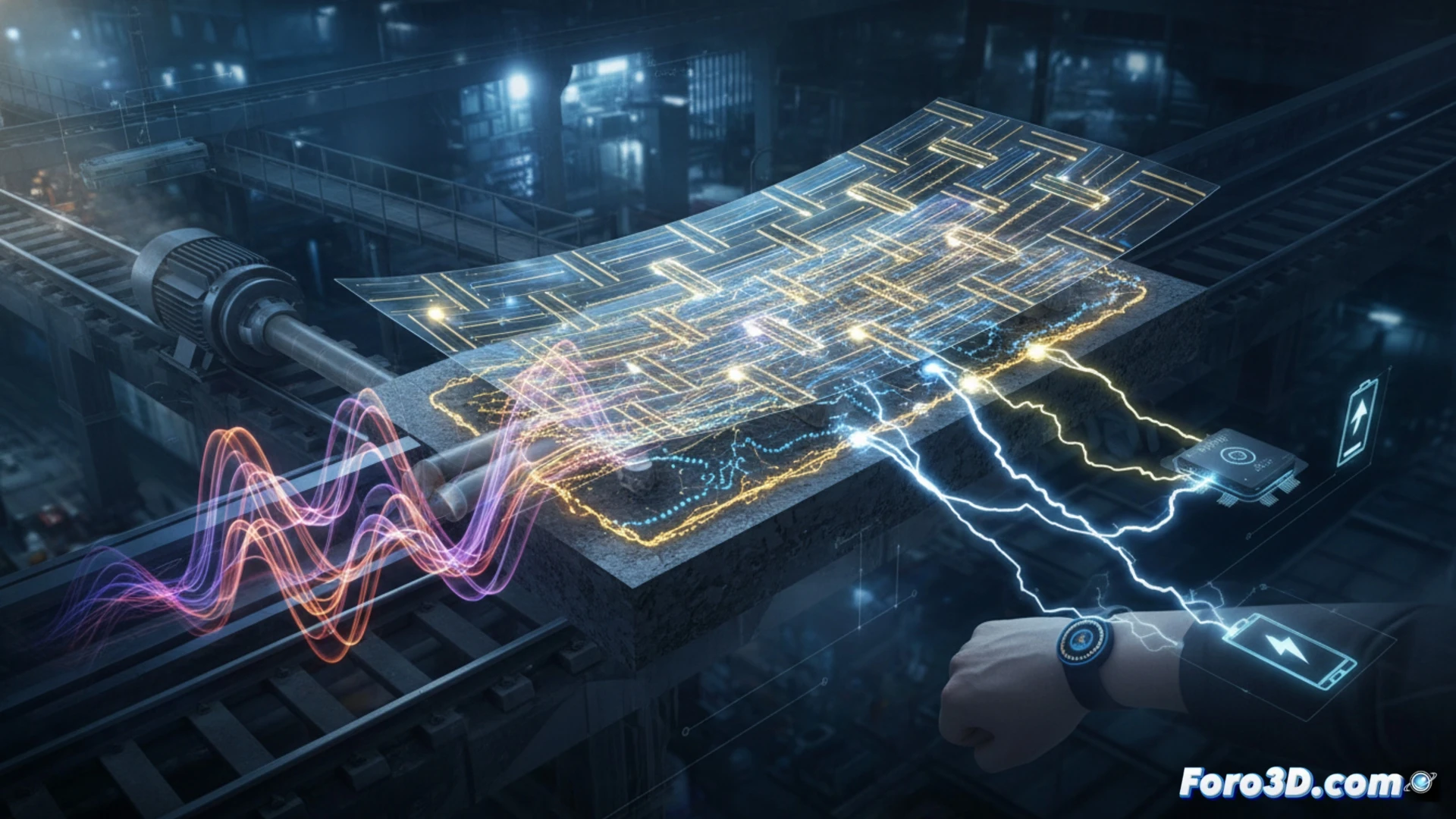 Ultradelgado material de ingeniería guiando vibraciones mecánicas, ondas de energía azul recorriendo rutas específicas dentro de una lámina translúcida, un motor industrial vibrando en un extremo mientras diminutos LEDs se encienden en el otro, manos de ingeniero sosteniendo el material sobre un banco de pruebas con osciloscopios y sensores piezoeléctricos, diagramas de flujo de energía superpuestos en la escena, estilo de visualización técnica fotorrealista, iluminación de estudio limpia, textura de superficie microestructurada visible, acción demostrando conversión de vibración en electricidad útil