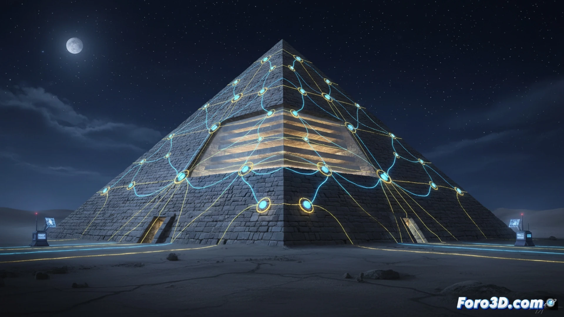 Ancient pyramid cross-section showing vibration monitoring sensors at 37 strategic points, seismic waves traveling through limestone blocks, stress distribution lines illuminating the king chamber relief chambers during earthquake simulation, engineering visualization with glowing technical overlays, photorealistic stone texture, dramatic desert lighting, golden hour shadows, equipment cables connecting sensors to data recording devices, subtle motion blur indicating structural oscillation, ultra-detailed masonry joints, cinematic technical illustration