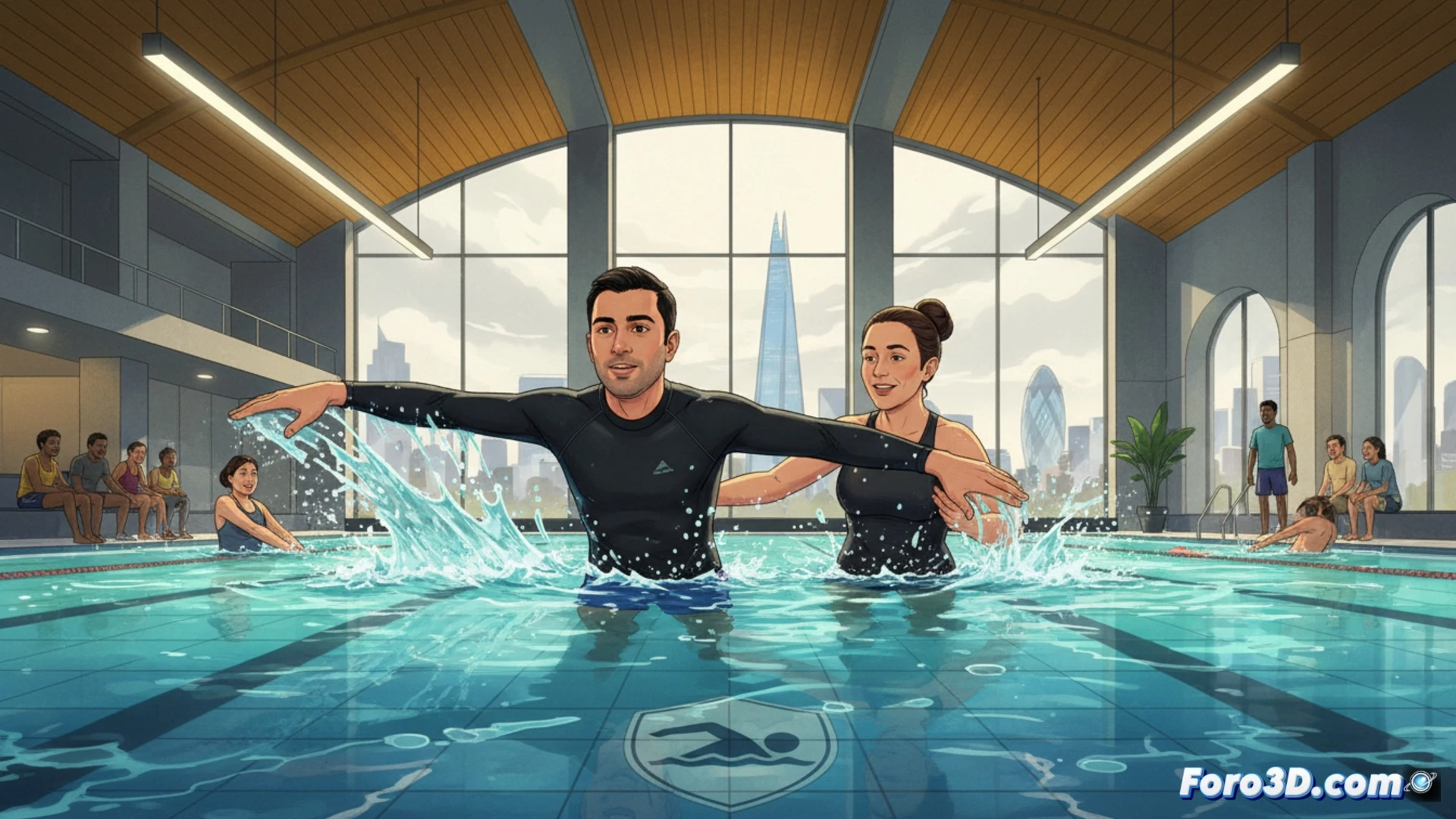 middle-aged man in a swimming pool, learning to float on his back, instructor supporting his head while his arms are outstretched, water splashing around his torso, pool lane dividers in the background, chlorinated water surface with reflections, safety ring float nearby, white tiled pool edge, cinematic photorealistic visualization, natural daylight from overhead windows, droplets on skin, tense facial expression with focused eyes, realistic water refraction and caustic light patterns, technical swimming instruction scene, dramatic yet supportive atmosphere
