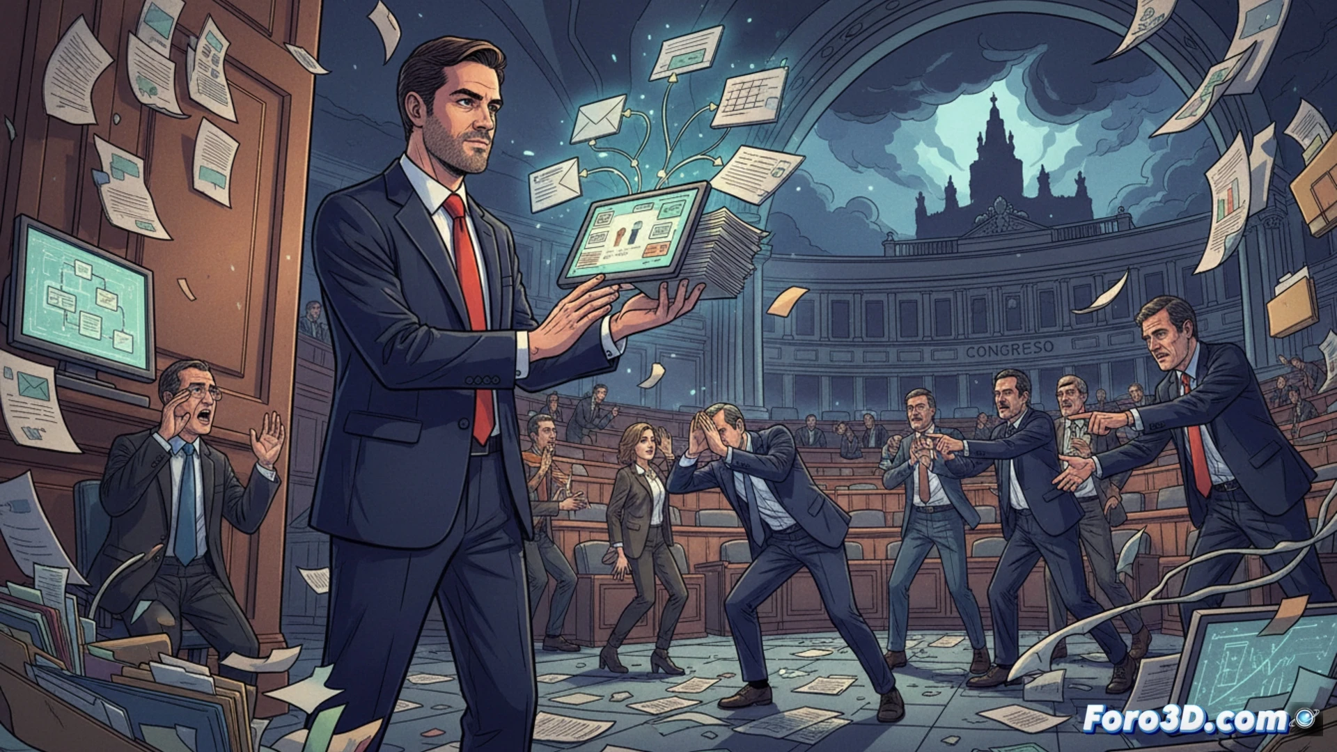 Dark government hearing room, Victor de Aldama placing a thick folder of documents onto a polished wooden table while pointing at a laptop screen showing email logs, a witness chair and microphone in foreground, a judge’s bench with gavel in background, dramatic overhead spotlight casting long shadows, cinematic photorealistic style, tense atmosphere with blurred figures of lawyers in suits, ultra-detailed paper textures, reflective glass water pitcher, high-contrast chiaroscuro lighting, technical legal scene composition
