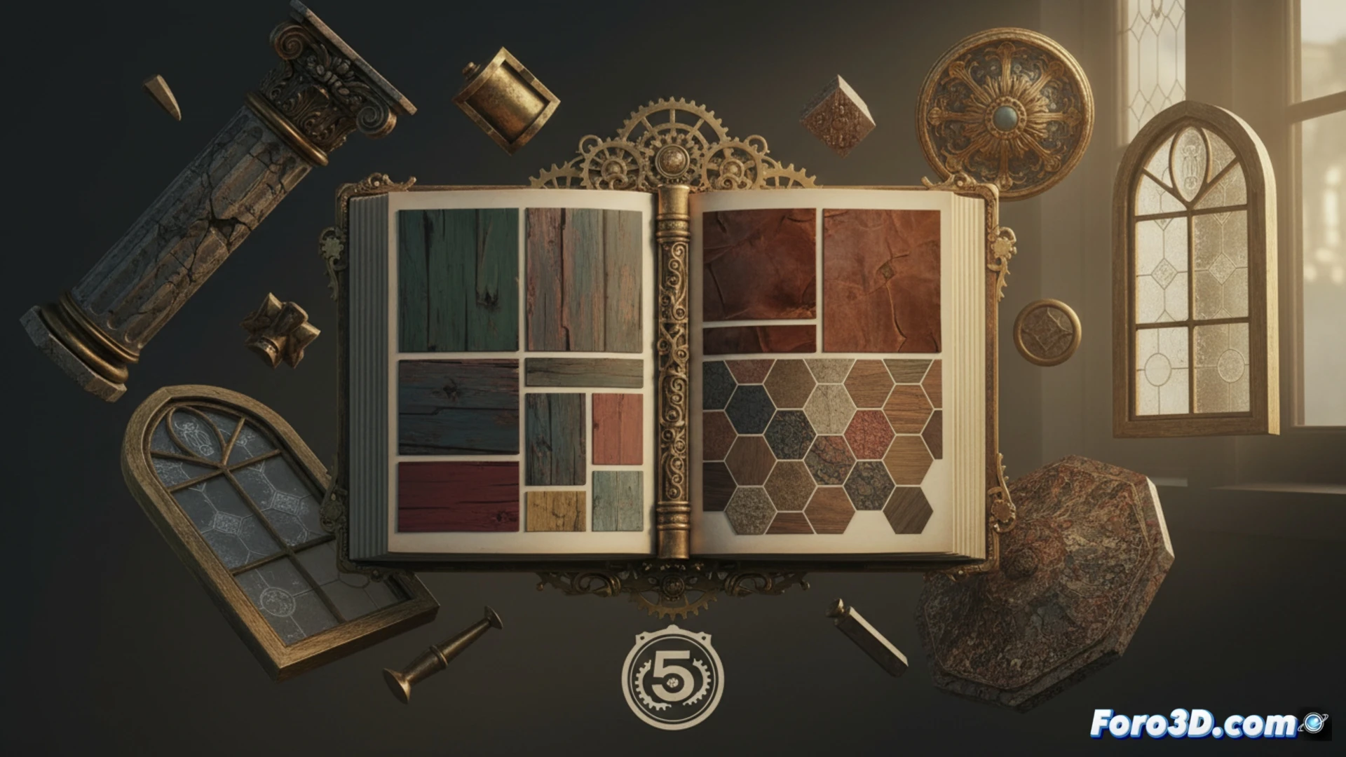 Una escena de interior victoriano en Blender, con 33 materiales coherentes: madera pintada, metales envejecidos, vidrio, cuero y suelo con pintura de vértices.
