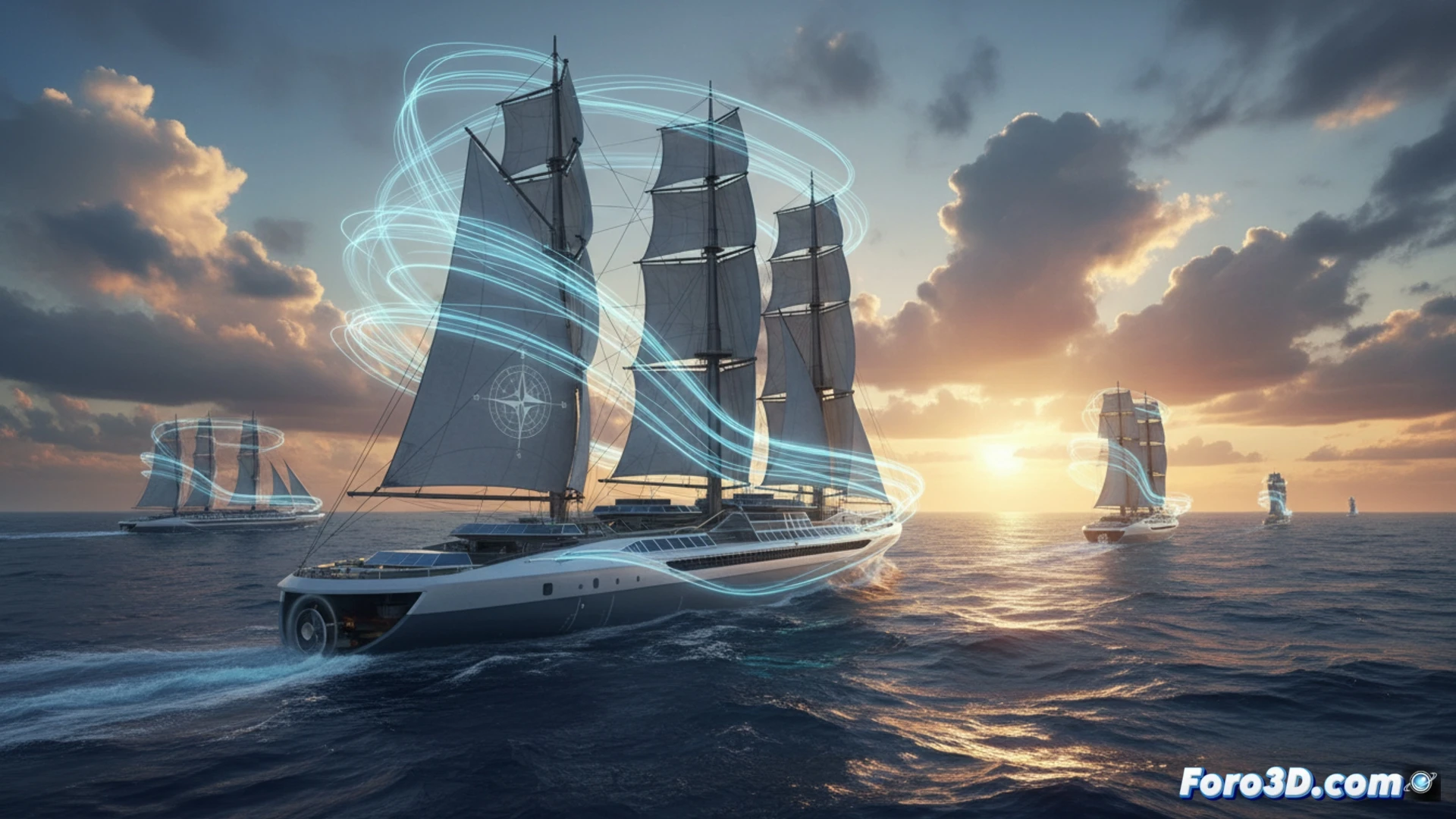 large cargo vessel with hybrid wind-assist technology sailing through ocean, two tall Flettner rotors spinning on deck while traditional engine exhaust shows minimal smoke, digital navigation screen on bridge displaying optimized route with wind current overlays and green emission reduction data, wind indicators showing favorable airflow patterns around rotor surfaces, dramatic sunset lighting reflecting on metallic hull, cinematic engineering visualization, photorealistic technical illustration, ultra-detailed mechanical components, clear ocean water with wake turbulence, action of wind energy being harnessed during transit, showing real-time performance monitoring