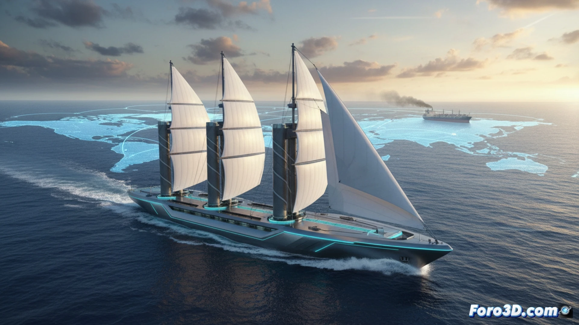 large cargo ship with modern rigid sails and Flettner rotors deployed, navigating through a digital route map showing wind-optimized paths over the Atlantic Ocean, interactive holographic weather data panels displaying real-time wind currents and pressure zones, ship crew adjusting navigation software on a bridge screen, vessel cutting through blue waves with white foam, clear sky with dynamic cloud formations, cinematic photorealistic engineering visualization, dramatic sunlight reflecting on metallic sail surfaces, detailed mechanical rotor components, glowing trajectory lines on the digital map, ultra-realistic ocean textures, technical illustration style