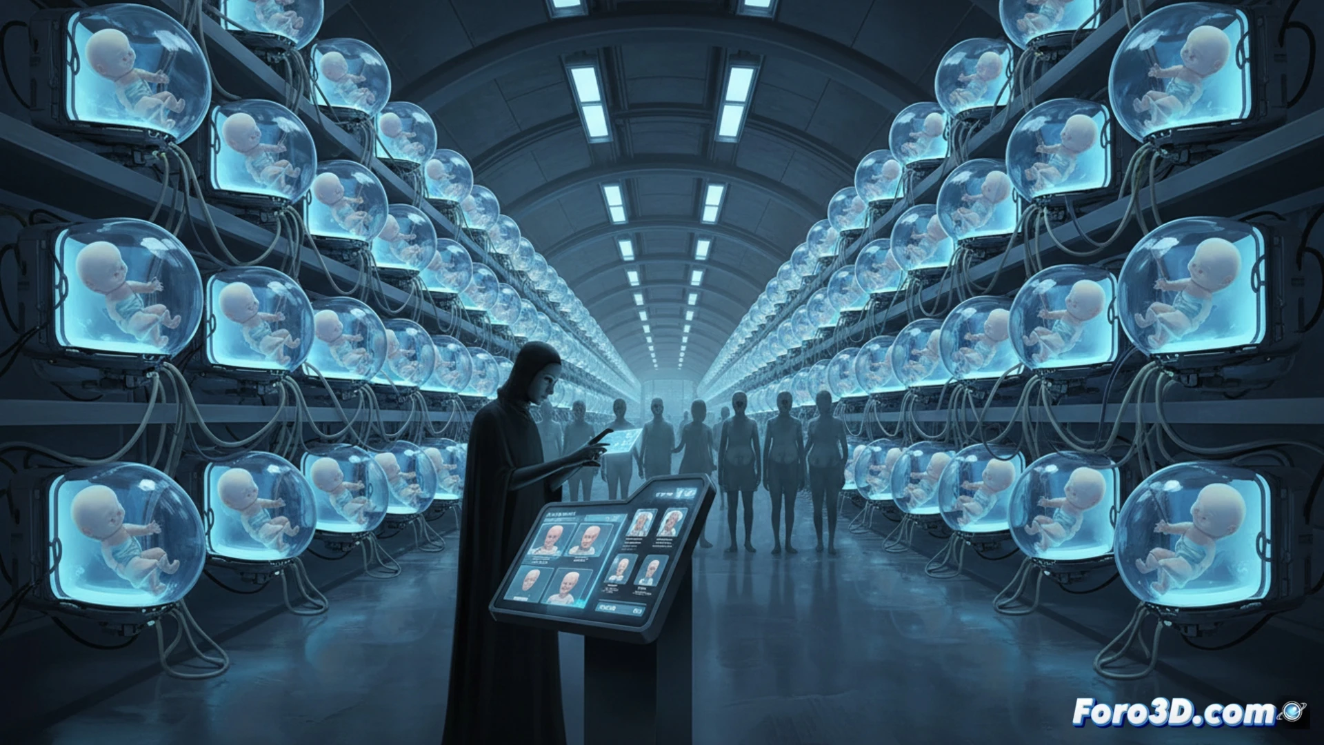 clinical laboratory scene with a transparent glass womb display case, robotic arms handling a contract document stamped with a barcode, a human silhouette kneeling beneath a sterile catalog interface showing fetal images, cold blue LED lighting reflecting on polished steel equipment, IVF pipette tips and ultrasound probes arranged like retail products, the womb case cracked and empty, dramatic chiaroscuro shadows, photorealistic medical illustration style, ultra-detailed surgical tools and digital screens, sterile atmosphere with condensation on glass, cinematic wide-angle shot showing the dehumanized assembly line process
