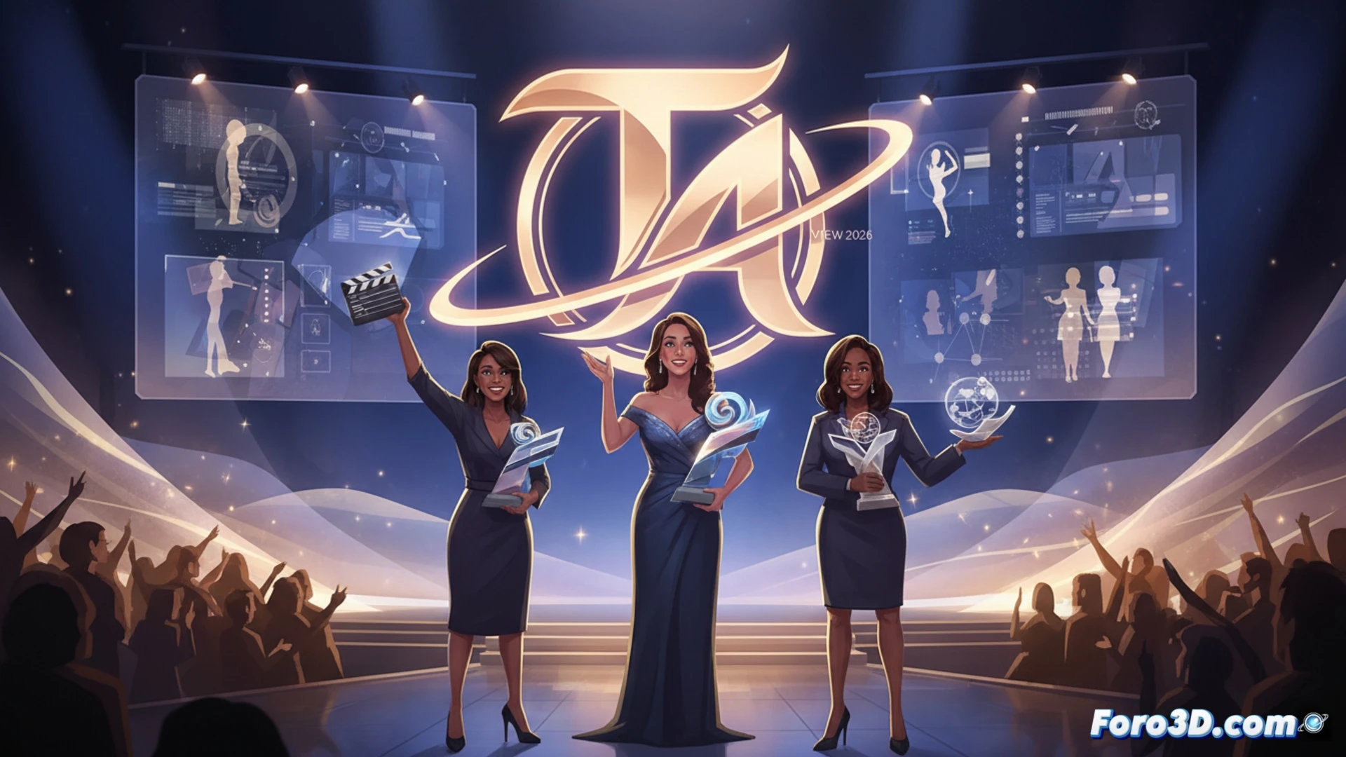 Mujeres diversas, de cine, arte y política, brillan juntas en un escenario iluminado, sosteniendo premios Trailblazer.