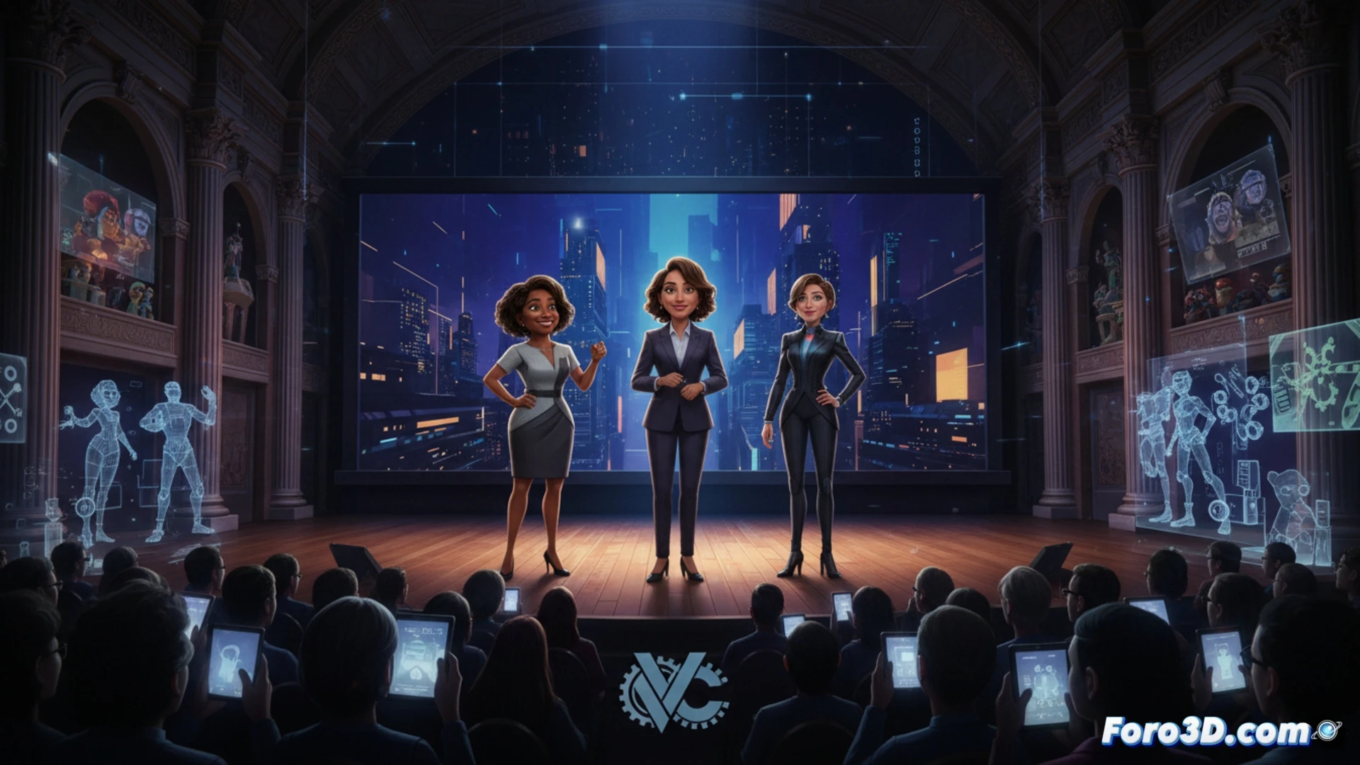 three female animation executives standing on a futuristic conference stage in Turin, one gesturing toward a holographic timeline showing 2026 dates, another holding a stylus while pointing at a digital storyboard of Spider-Man Across the Spider-Verse, a third demonstrating a real-time rendering of a character from Swapped on a large touchscreen, Wacom Cintiq tablet on a podium, Maya and Unreal Engine interface visible on monitors, cinematic lighting with blue and gold accents, photorealistic technical illustration, dramatic shadows, polished glass floor reflecting stage lights, audience silhouette in background, ultra-detailed textures on clothing and screens