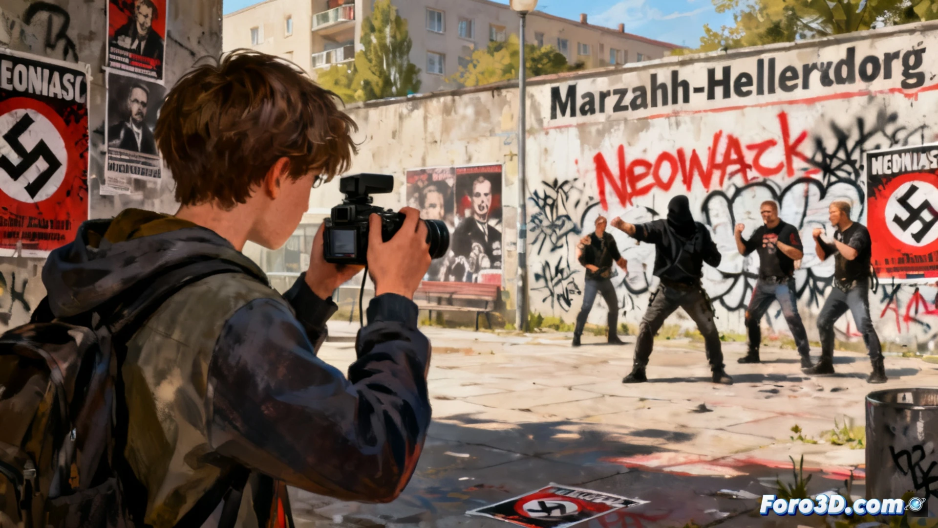 Joven con capucha y cámara oculta fotografía grafiti neonazi en muro de edificio prefabricado, Marzahn.
