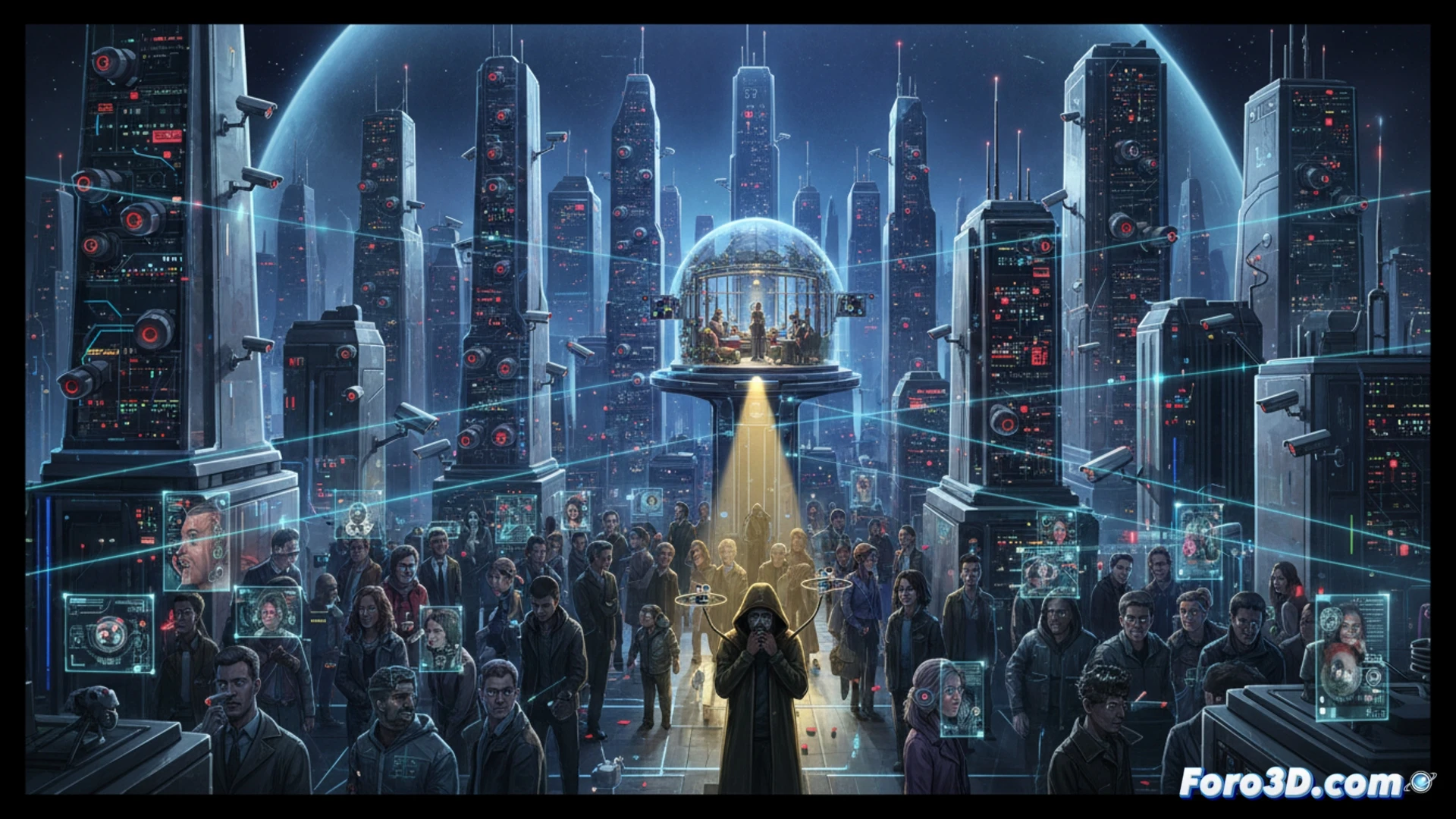 urban surveillance network at dusk, multiple security cameras mounted on street lamps and building corners, facial recognition software interface projected as holographic overlays on glass facades, a lone pedestrian walking through a crosswalk while being tracked by red laser dots from hidden sensors, smartphone in hand showing a panic button app, neighbors watching from windows with suspicious expressions, cinematic photorealistic style, cold blue and orange sodium light contrast, metallic camera lenses reflecting city lights, motion blur on walking figure, ultra-detailed urban architecture, dystopian atmosphere, technical illustration of surveillance infrastructure