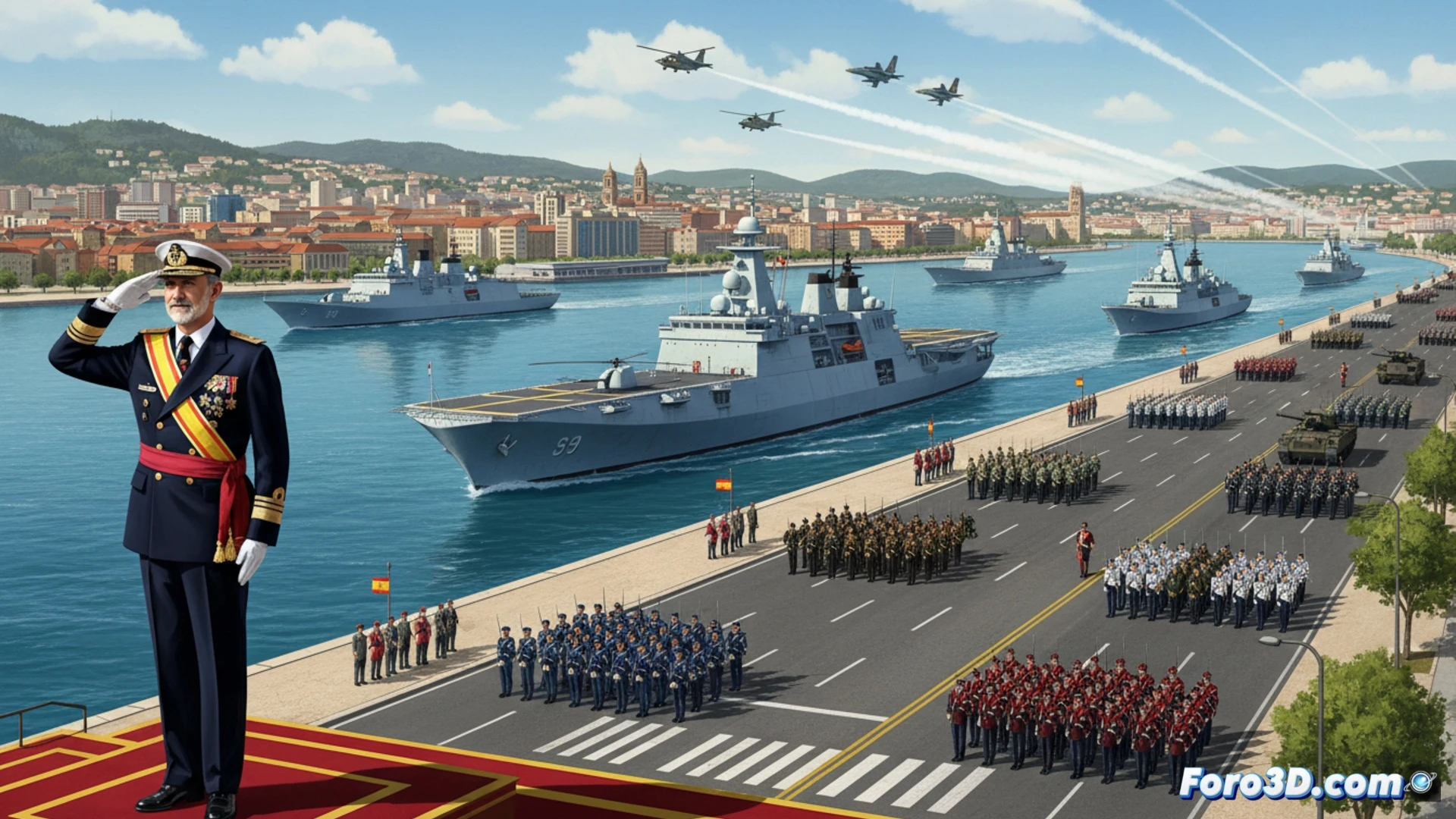 Vista aérea de la ría de Vigo durante la Parada Naval, siete buques de guerra navegando en formación, destacando el LHD Juan Carlos I con su cubierta de vuelo inclinada, escoltado por el LPD Castilla y dos fragatas, estela blanca en el agua azul oscura, helicópteros militares sobrevolando a baja altura, muelles con 3.746 militares formados en uniforme de gala, banderas ondeando con viento marino, sol vespertino creando destellos metálicos en los cascos, estilo cinematográfico fotorrealista, detalles técnicos de radar y hangares visibles, composición épica de defensa naval.