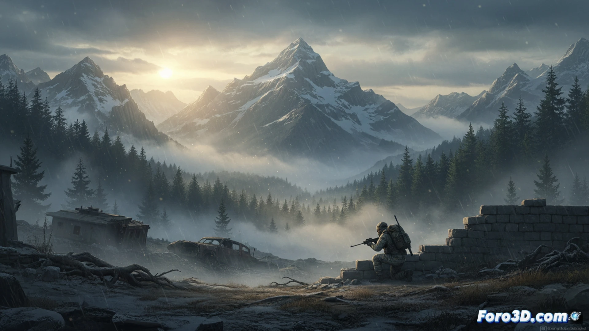 Paisaje noruego postapocaliptico con niebla volumetrica y arboles detallados en Unreal Engine 4