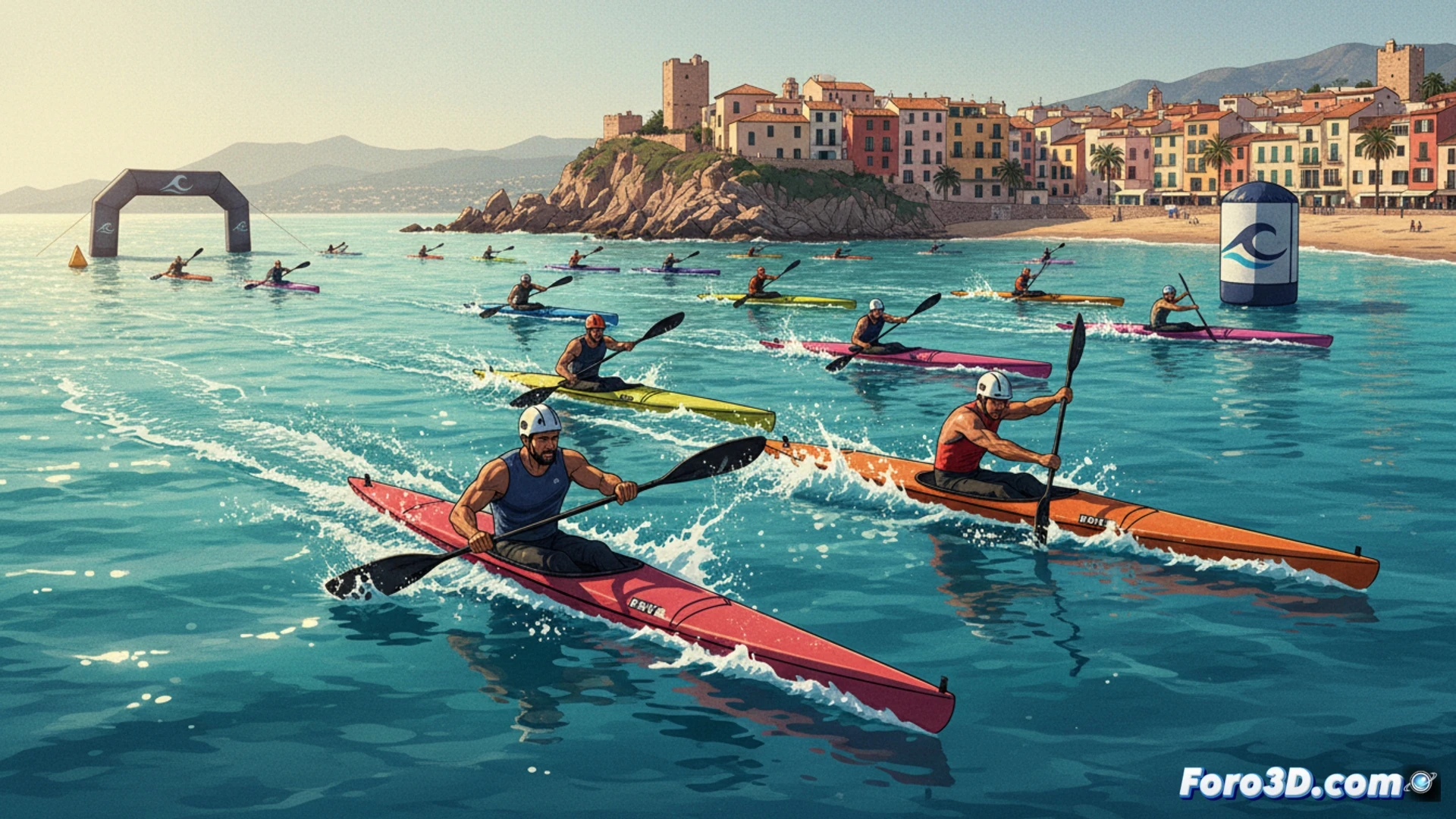 Vista aérea de kayaks de mar surcando olas turquesas del Mediterráneo frente a la costa de Vila Joiosa, con el castillo y casas coloridas al fondo.