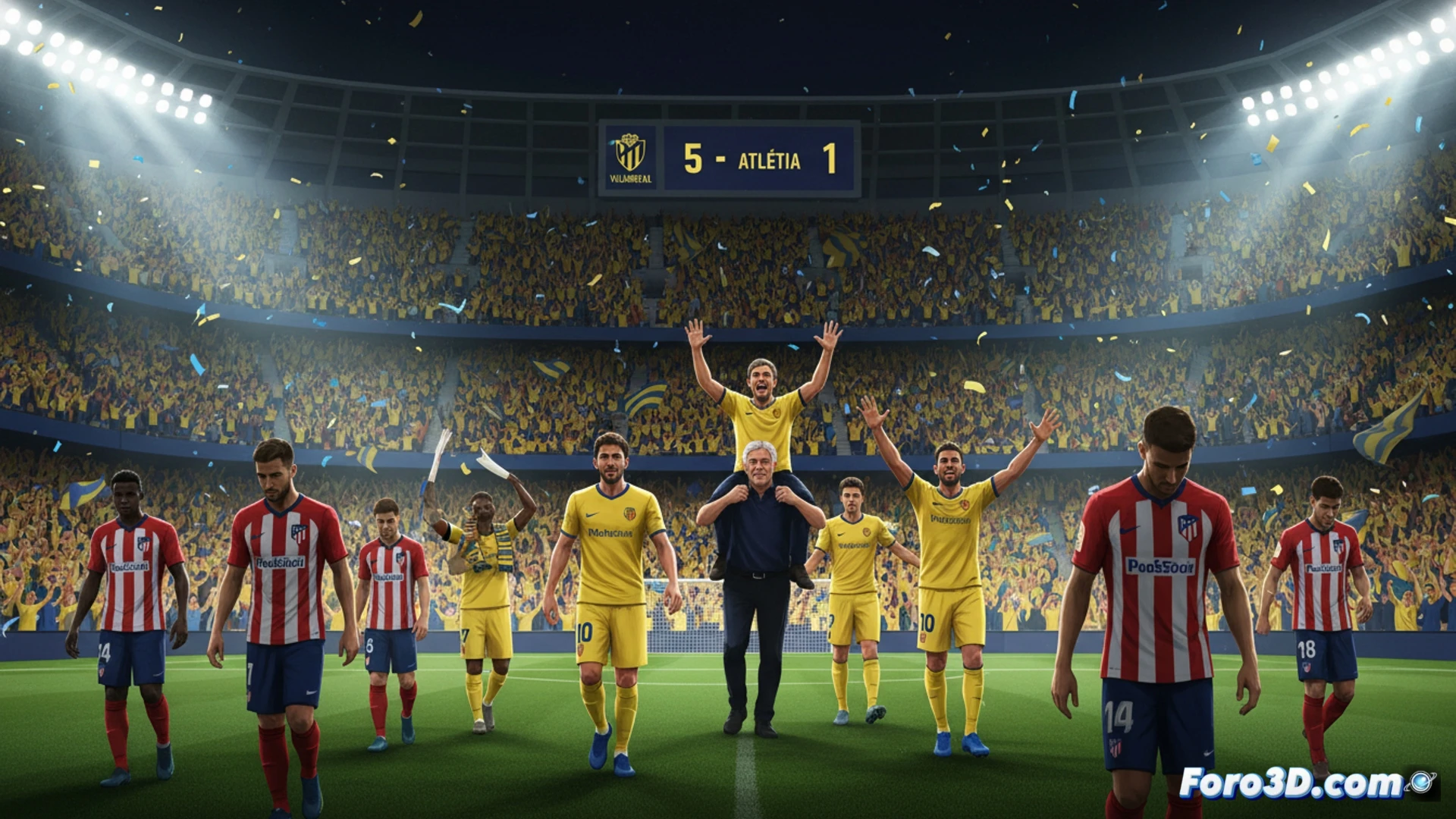 Estadio El Madrigal bajo una tormenta de confeti amarillo, jugadores del Villarreal celebrando en el centro del campo mientras un marcador electrónico muestra un 5-1, técnico Marcelino abrazando al veterano Parejo en el banquillo, fondo de gradas con afición eufórica y un sector atlético vacío, cámara a nivel de césped capturando botas embarradas y balón de cuero desgastado, estilo cinematográfico hyperrealista, iluminación de atardecer con reflectores de estadio, textura de cesped mojado y redes metálicas del arco, composición épica con profundidad de campo y destellos de flashes de prensa.