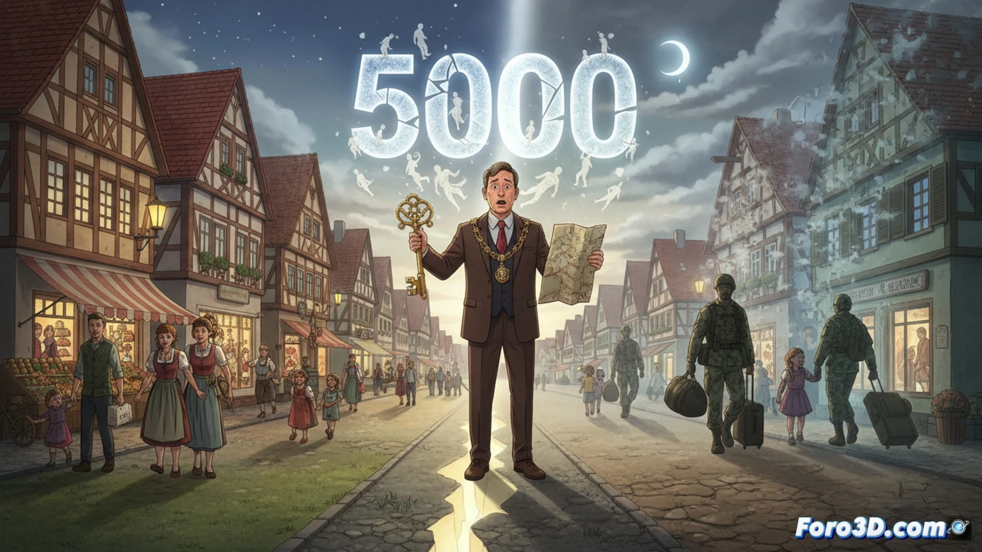 Aerial view of a small German town with a US military base in the background, a split composition showing half the town vibrant with people and half empty and abandoned, a mayor figure standing at a press conference podium holding a document with a shocked expression while soldiers and families pack vehicles in the background, photorealistic cinematic style, dramatic cloudy sky casting shadows, empty streets contrasted with packed moving trucks, detailed Bavarian architecture with American flag at half-mast, ultra-realistic textures, somber industrial lighting
