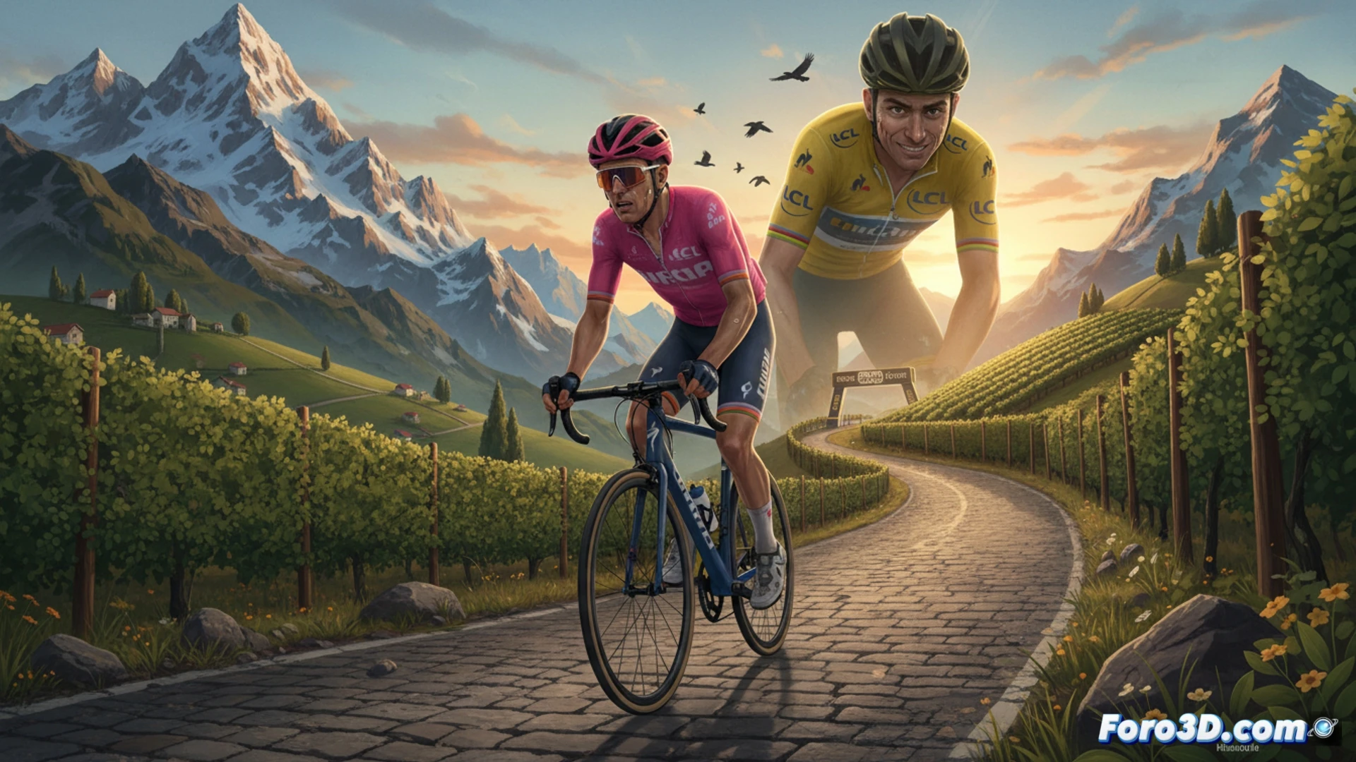 Dos ciclistas en rutas opuestas: Vingegaard escala montañas del Giro mientras Pogacar lo observa desde el Tour.