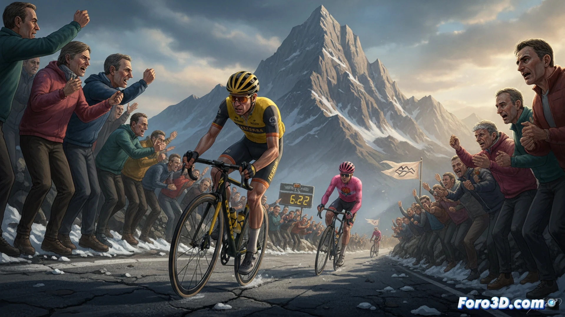 Professional cycling race scene on a steep mountain road, Blockhaus climb, Jonas Vingegaard attacking on a high-end road bike, carbon frame, disc brakes, Shimano Dura-Ace groupset, Garmin cycling computer on handlebar, rear wheel spinning dust, front wheel lifting slightly under power, chasing riders Giulio Pellizzari and Felix Gall in the background, 244 km race fatigue visible on faces, dramatic sunset lighting, cinematic motion blur, sweat drops frozen in air, technical cycling gear details, photorealistic sports photography style, dynamic angle from roadside