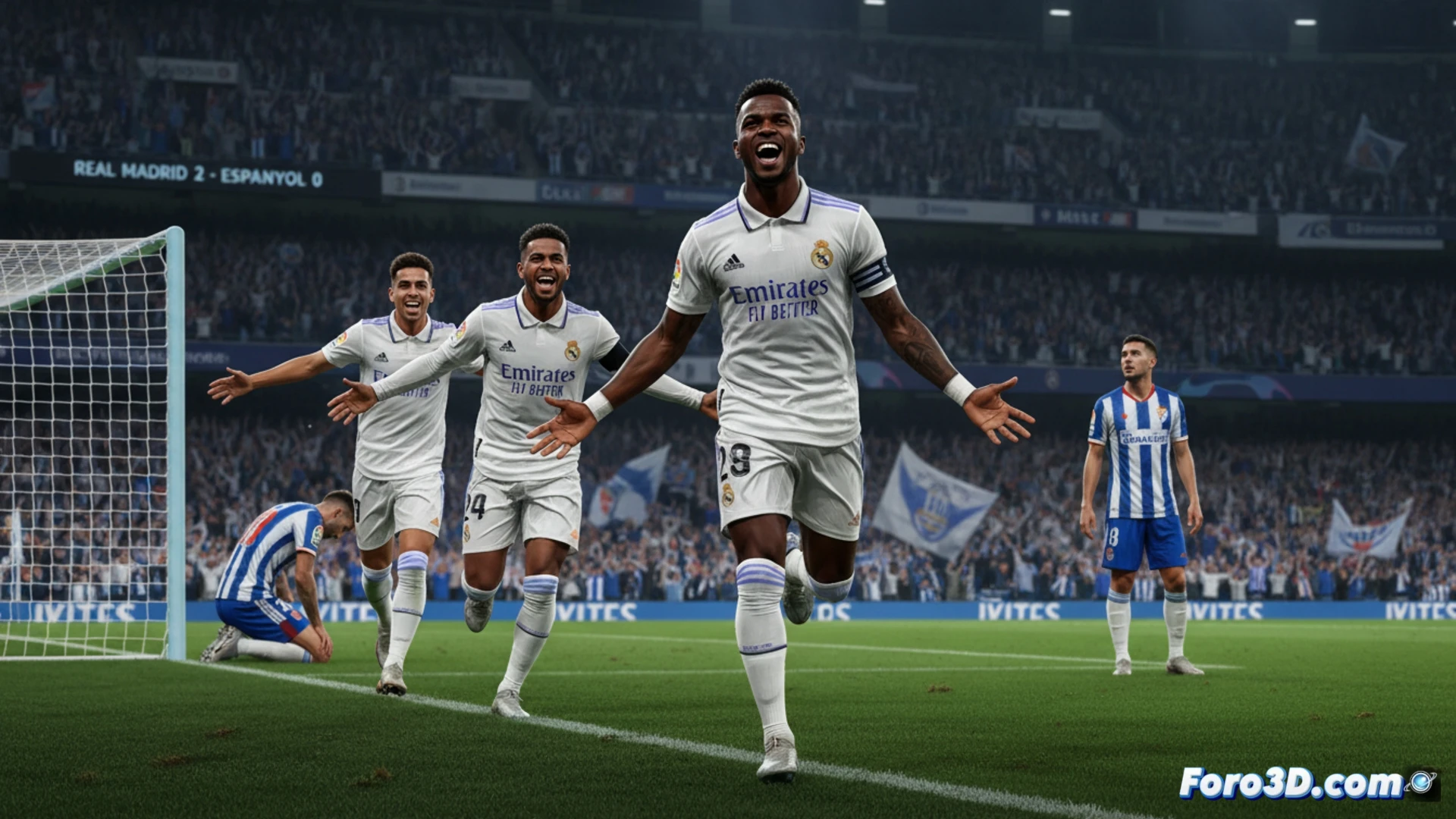 Vinícius Junior celebra su doblete en el RCDE Stadium, con el marcador 0-2 y el Real Madrid retrasando el título del Barça.