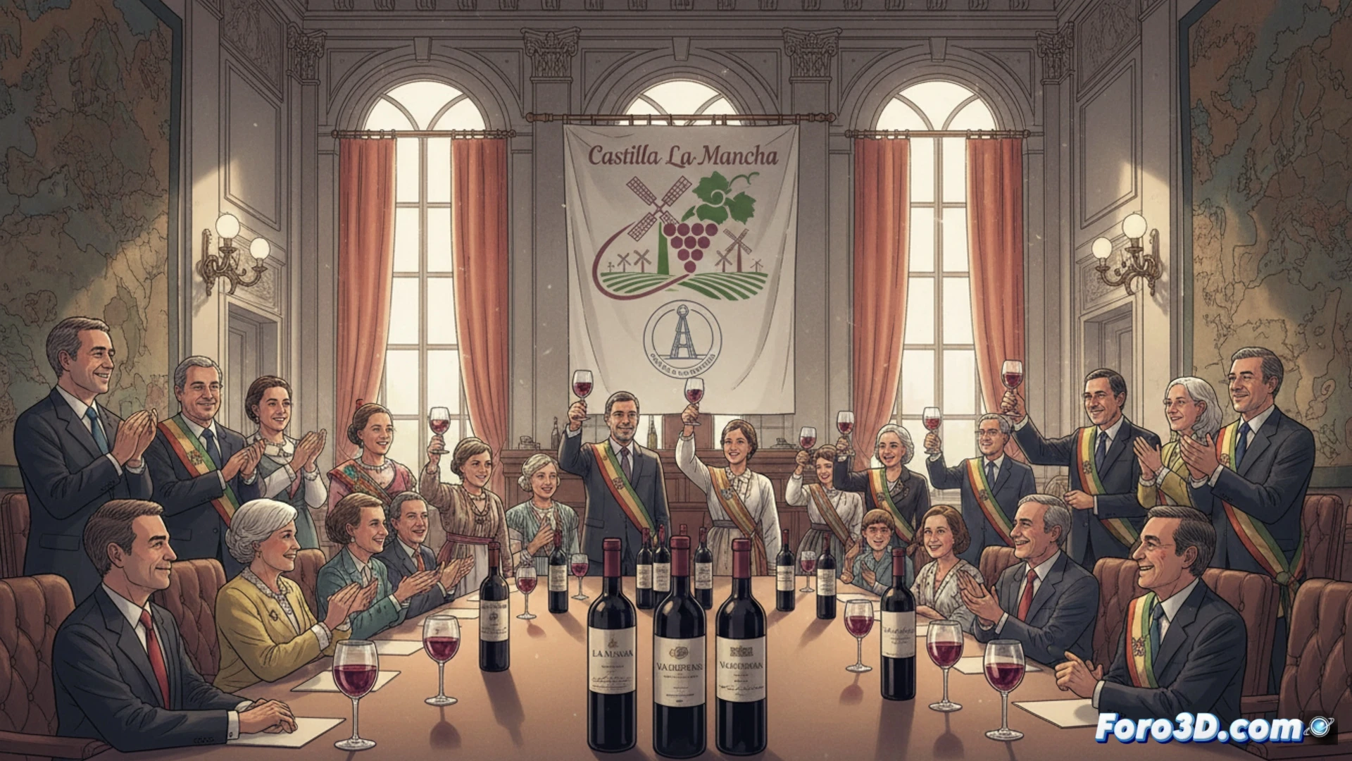 Una copa de vino tinto brilla en Bruselas, junto a mapas de Castilla-La Mancha y el Comité de las Regiones.