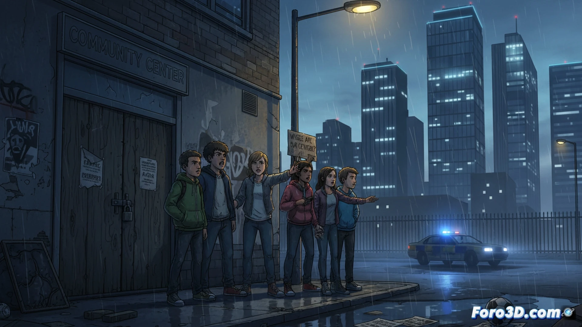 urban street corner at dusk, two teenagers in hoodies facing each other with tense body language, broken streetlamp casting harsh shadows, cracked pavement and graffiti-covered wall behind them, a closed youth centre with boarded windows visible in the background, chain-link fence with rusted warning sign, cinematic photorealistic style, dramatic low-angle shot, deep blue and orange colour contrast, gritty texture on concrete surfaces, faint mist rising from sewer grate, empty playground equipment in distance, hyper-detailed urban decay, emotional tension captured in posture and lighting