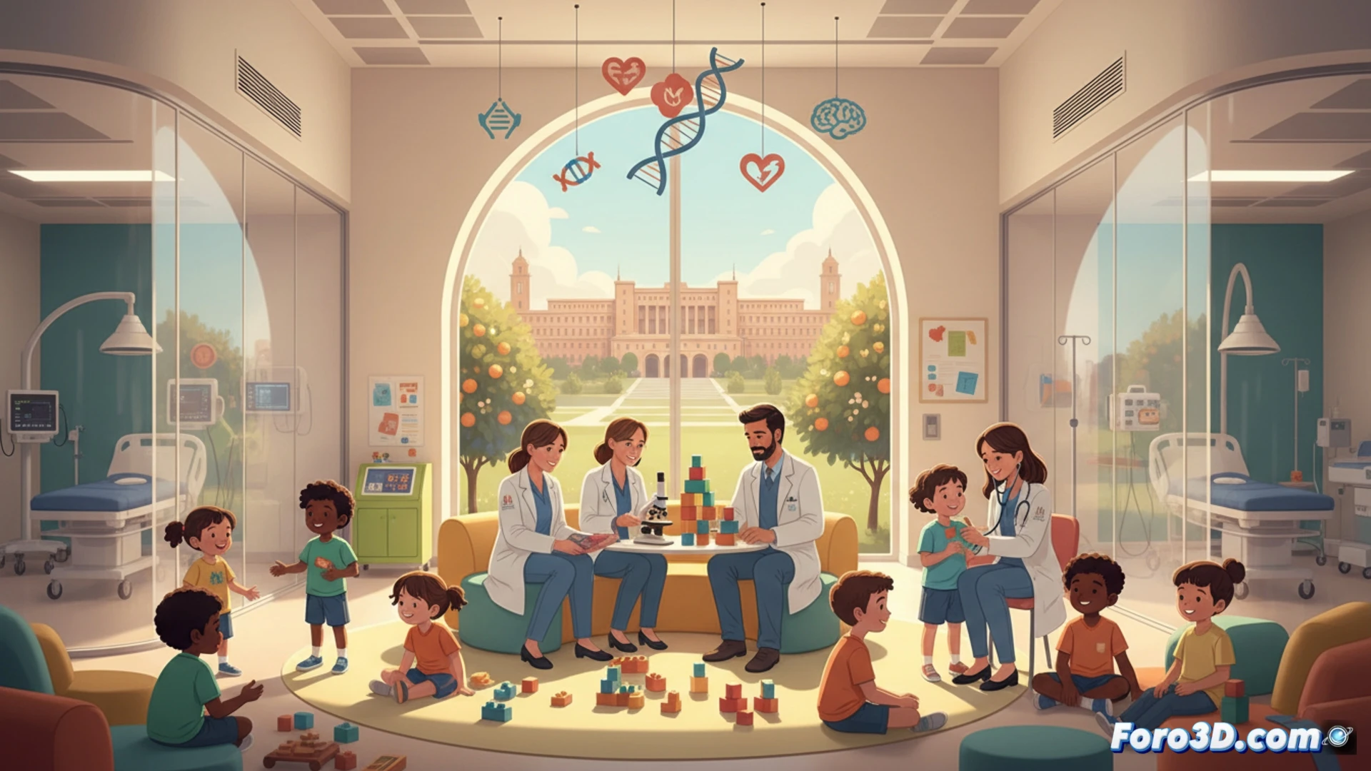 Hospital pediatric room, team of three doctors in white coats examining a young child on a bed, one doctor points to a holographic DNA helix floating above a tablet, another holds a stethoscope while reviewing genetic data on a wall screen, third doctor types on a portable ultrasound device, soft blue medical lighting, clean sterile environment, child smiling with parents beside bed, photorealistic medical illustration, detailed medical equipment, warm hopeful atmosphere, cinematic composition