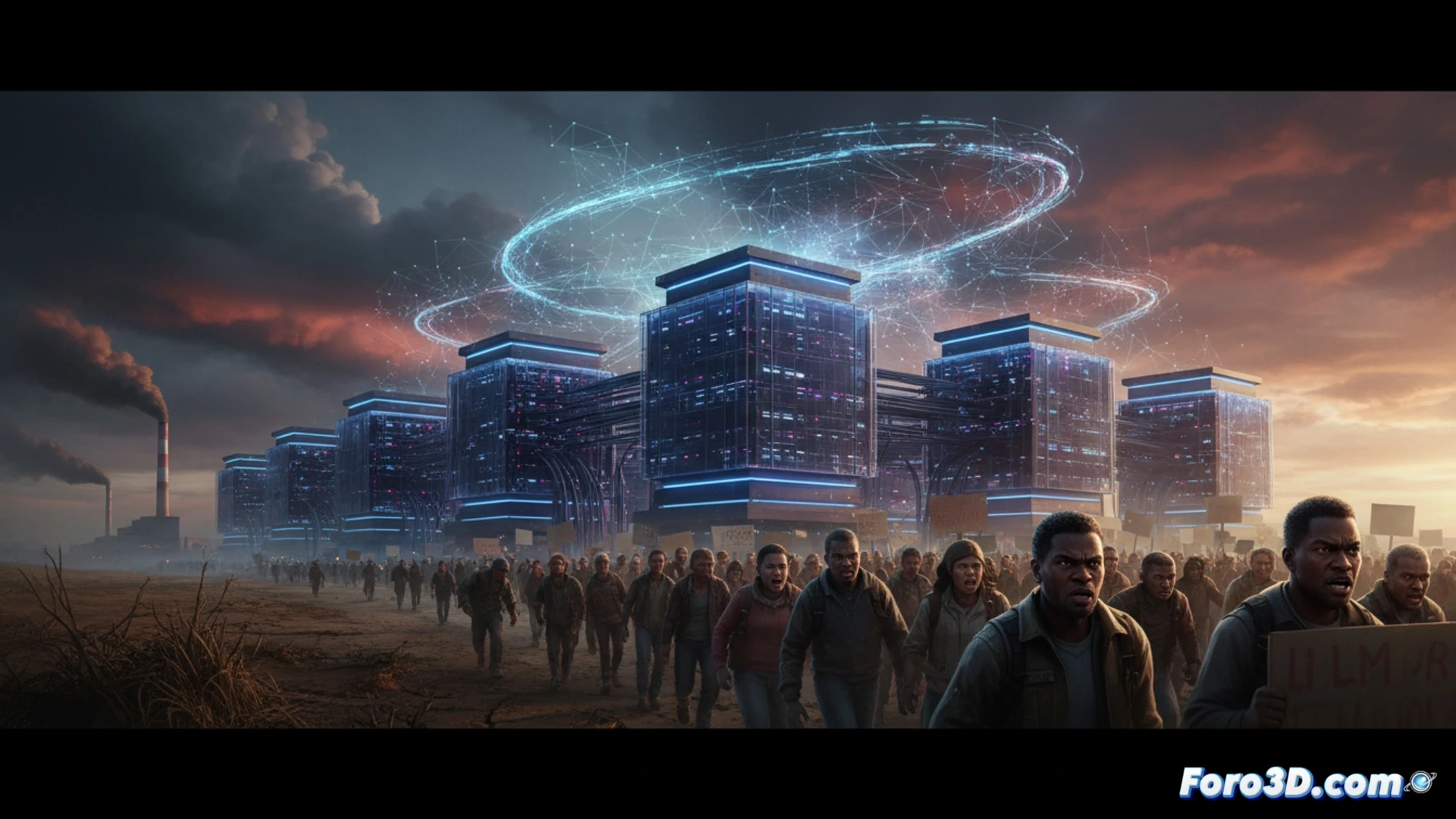 Ilustración del este de Virginia: un paisaje de centros de datos con torres de alta tensión y humo, contrastado con un barrio residencial donde vecinos protestan con carteles.