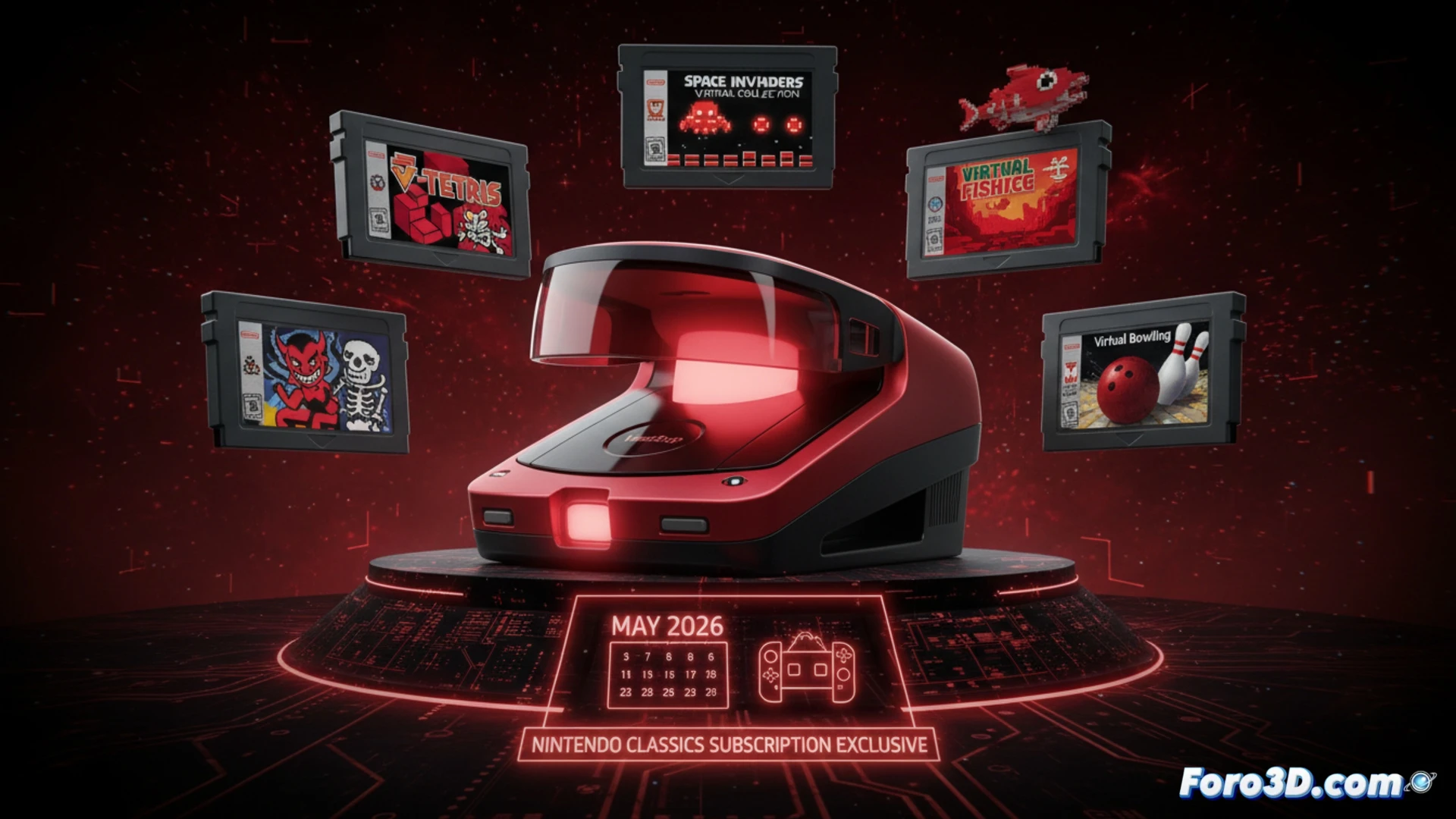 Imagen del emblemático visor rojo-negrro Virtual Boy sobre un fondo de juegos clásicos como V-Tetris y Jack Bros.
